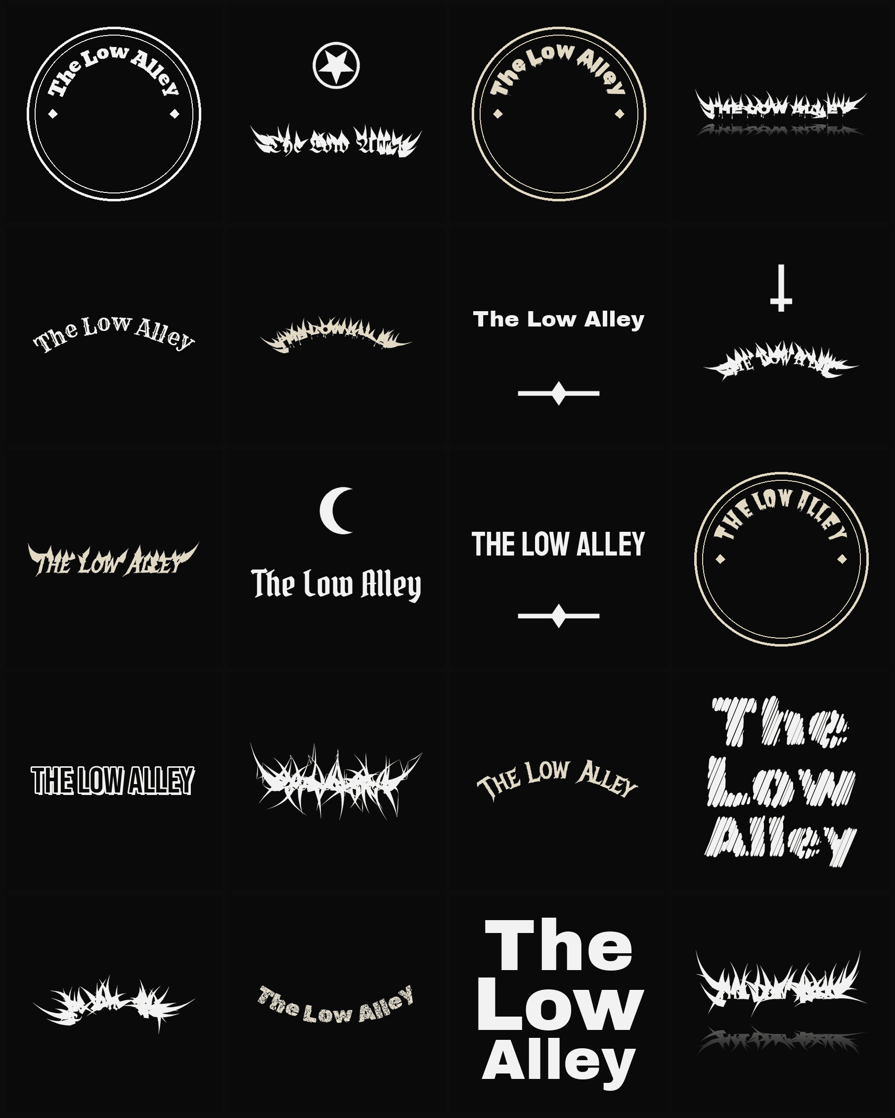 Twenty The Low Alley band logo ideas — different faces, treatments and spike settings
