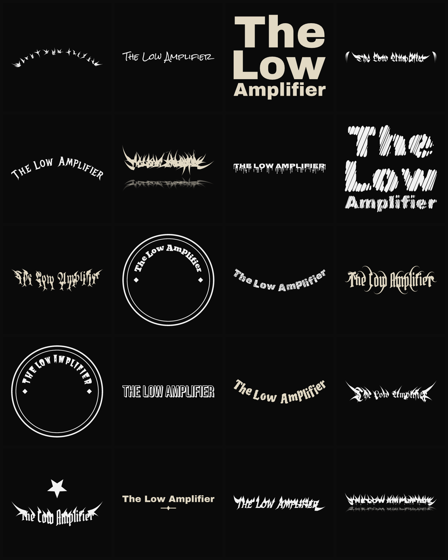 Twenty The Low Amplifier band logo ideas — different faces, treatments and spike settings