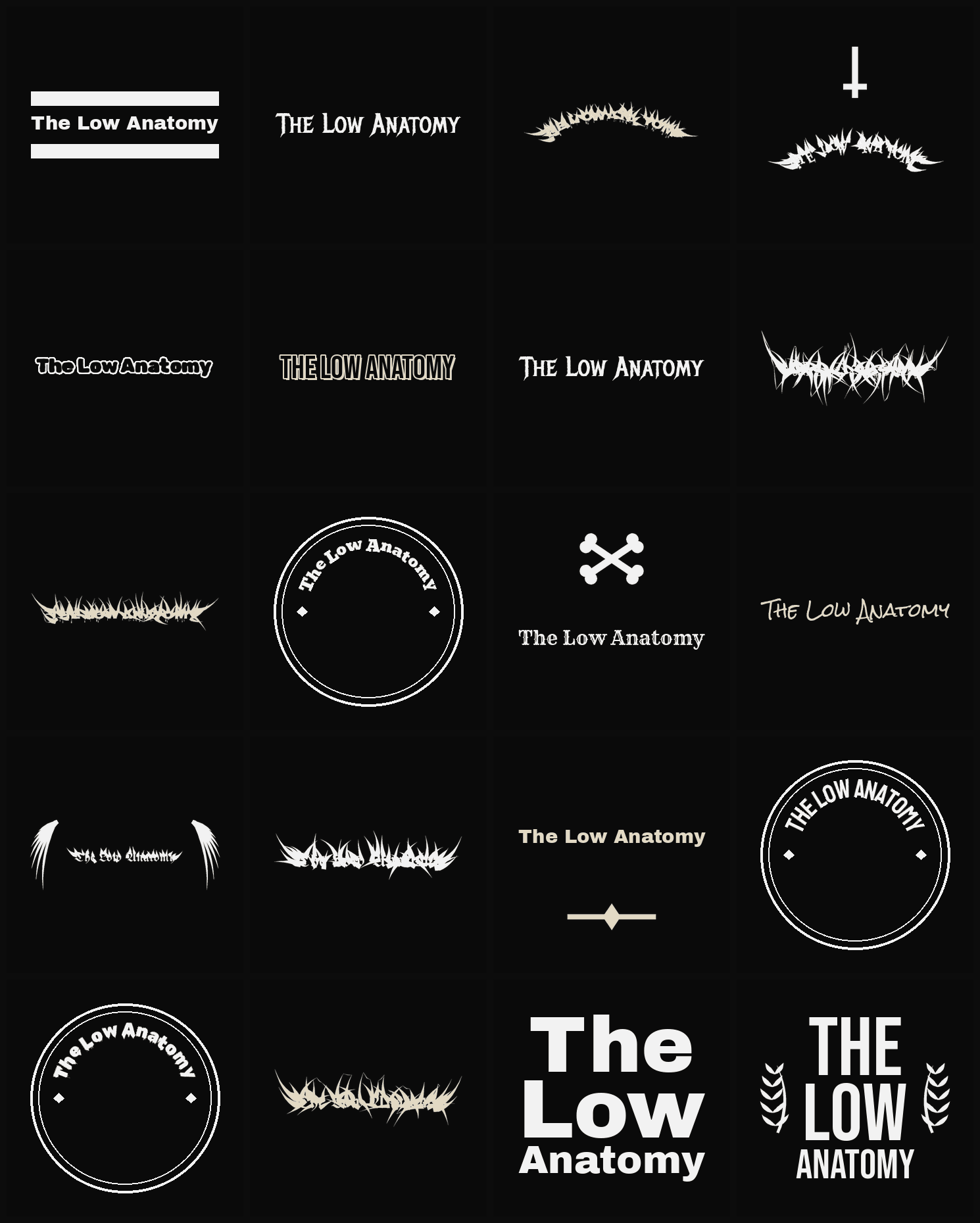 Twenty The Low Anatomy band logo ideas — different faces, treatments and spike settings