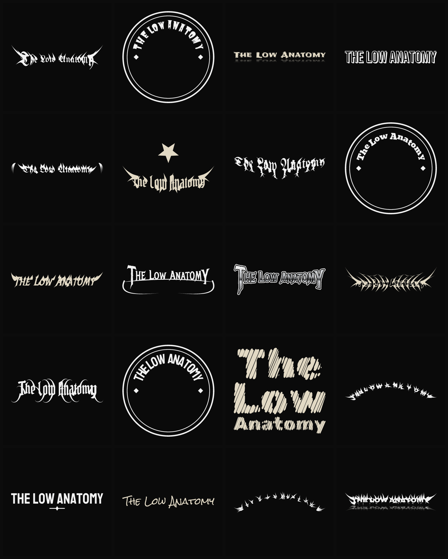 Twenty The Low Anatomy band logo ideas — different faces, treatments and spike settings