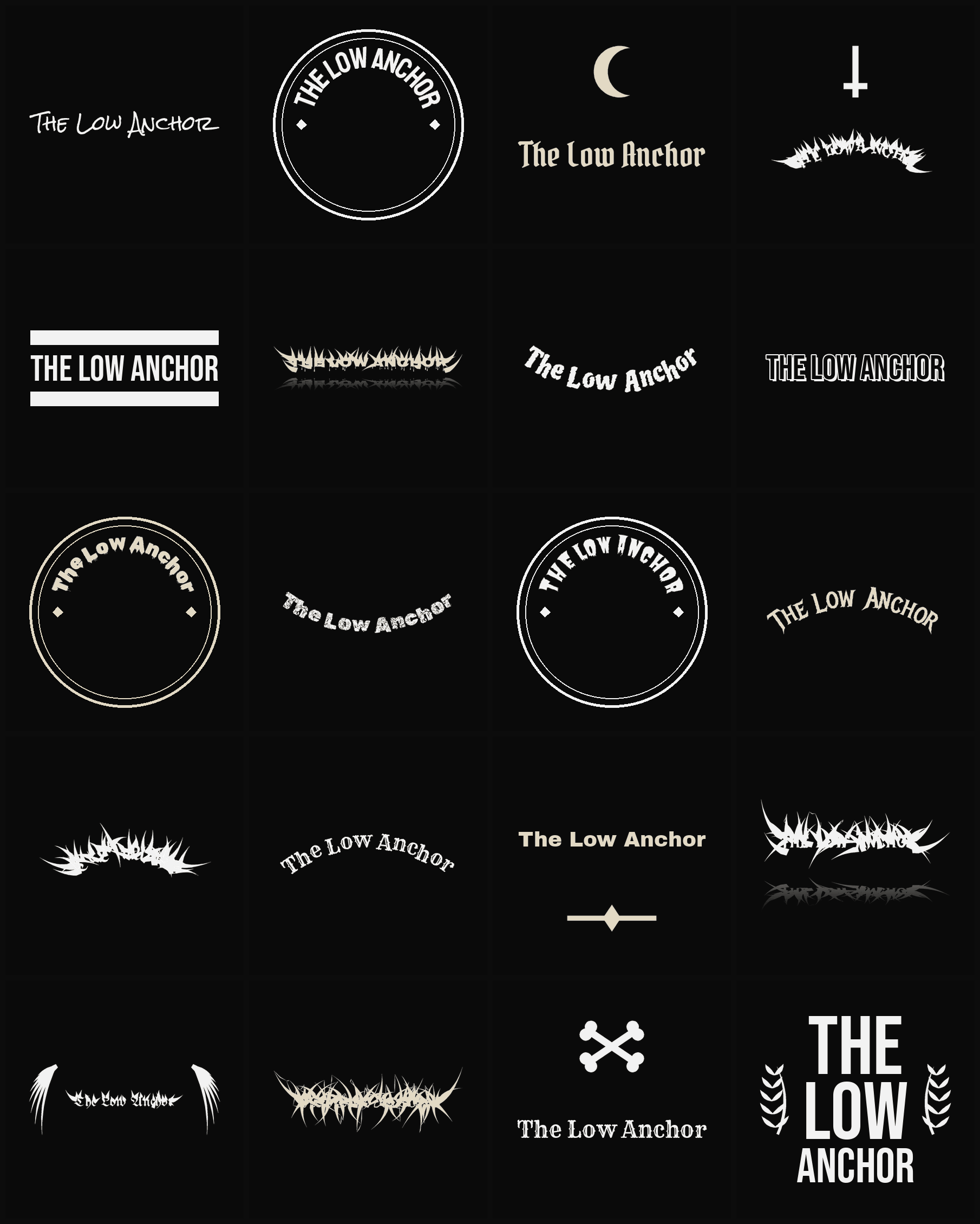 Twenty The Low Anchor band logo ideas — different faces, treatments and spike settings