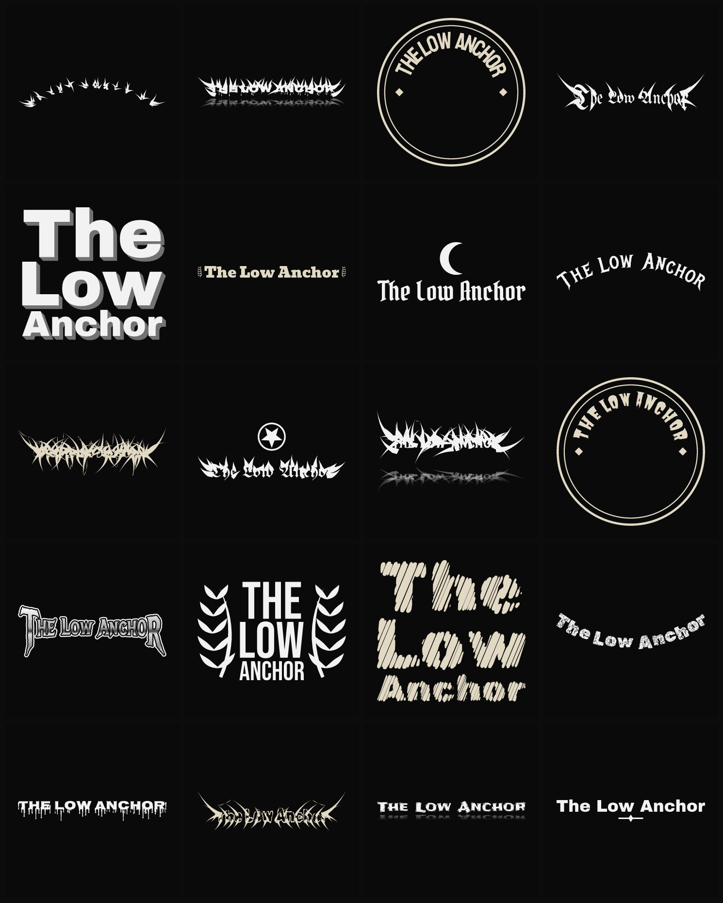 Twenty The Low Anchor band logo ideas — different faces, treatments and spike settings