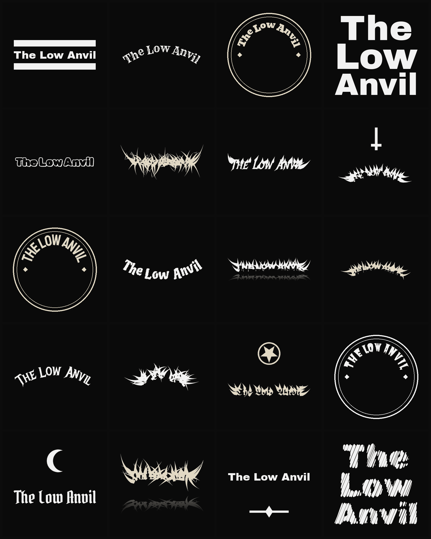 Twenty The Low Anvil band logo ideas — different faces, treatments and spike settings