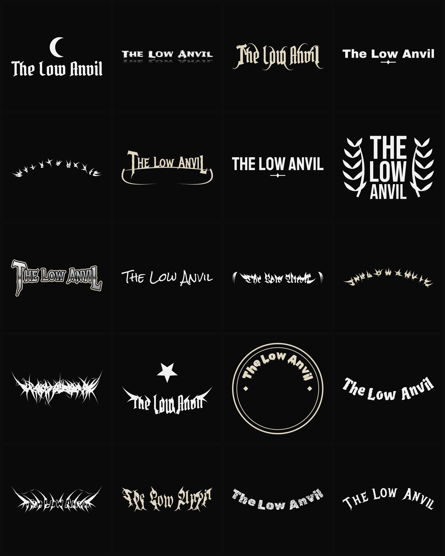 Twenty The Low Anvil band logo ideas — different faces, treatments and spike settings