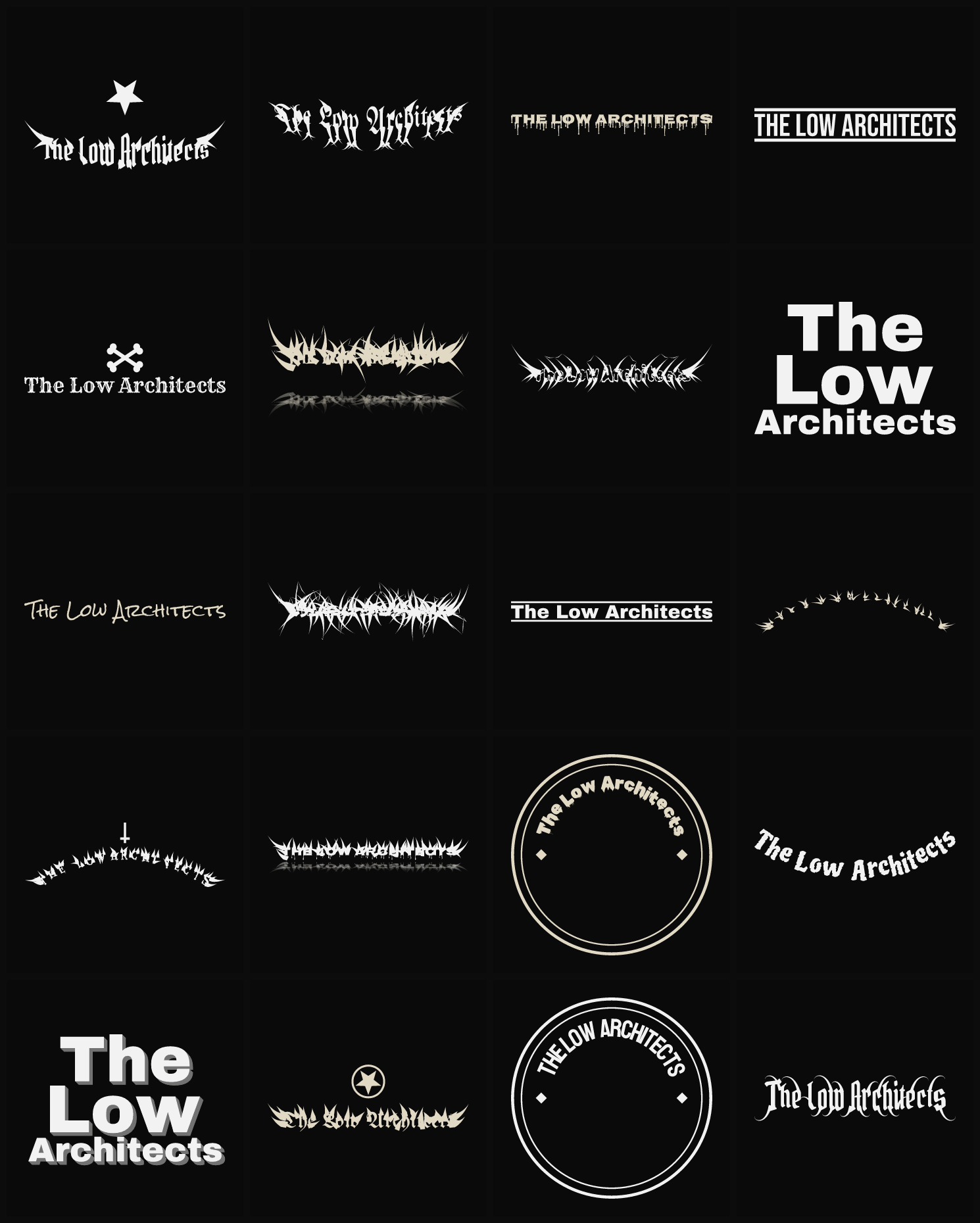 Twenty The Low Architects band logo ideas — different faces, treatments and spike settings