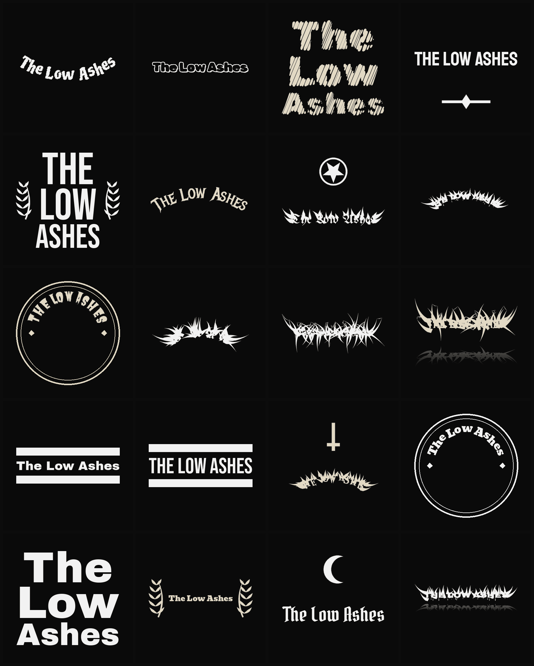 Twenty The Low Ashes band logo ideas — different faces, treatments and spike settings