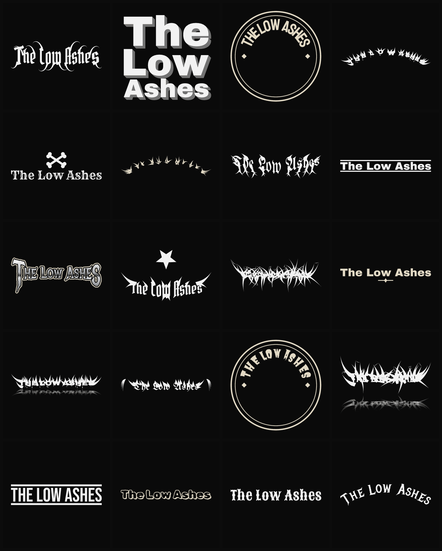 Twenty The Low Ashes band logo ideas — different faces, treatments and spike settings