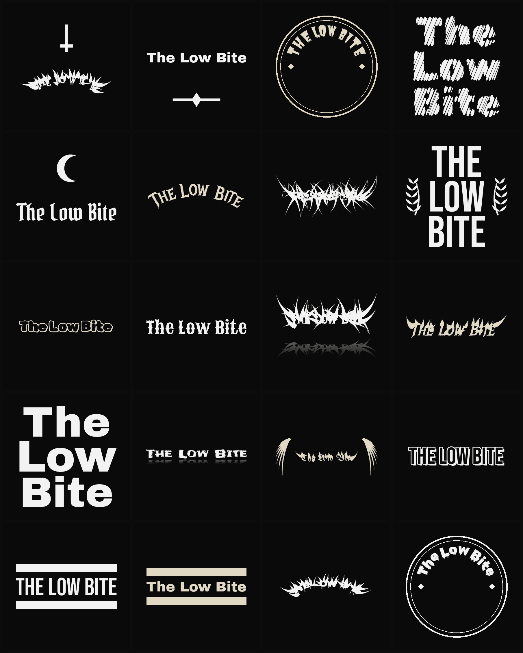 Twenty The Low Bite band logo ideas — different faces, treatments and spike settings