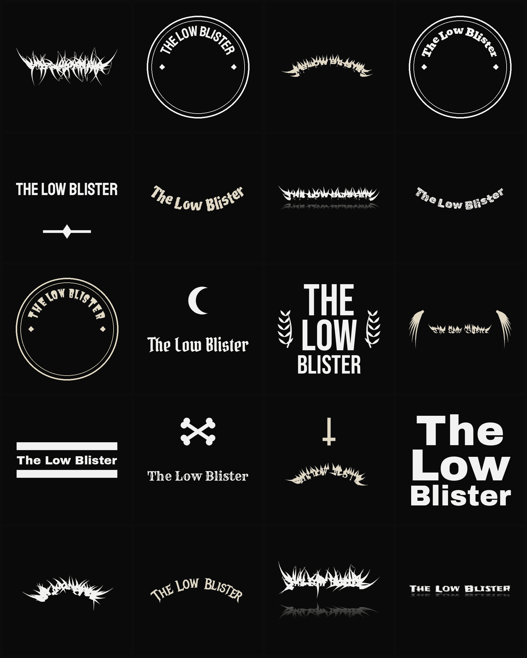 Twenty The Low Blister band logo ideas — different faces, treatments and spike settings