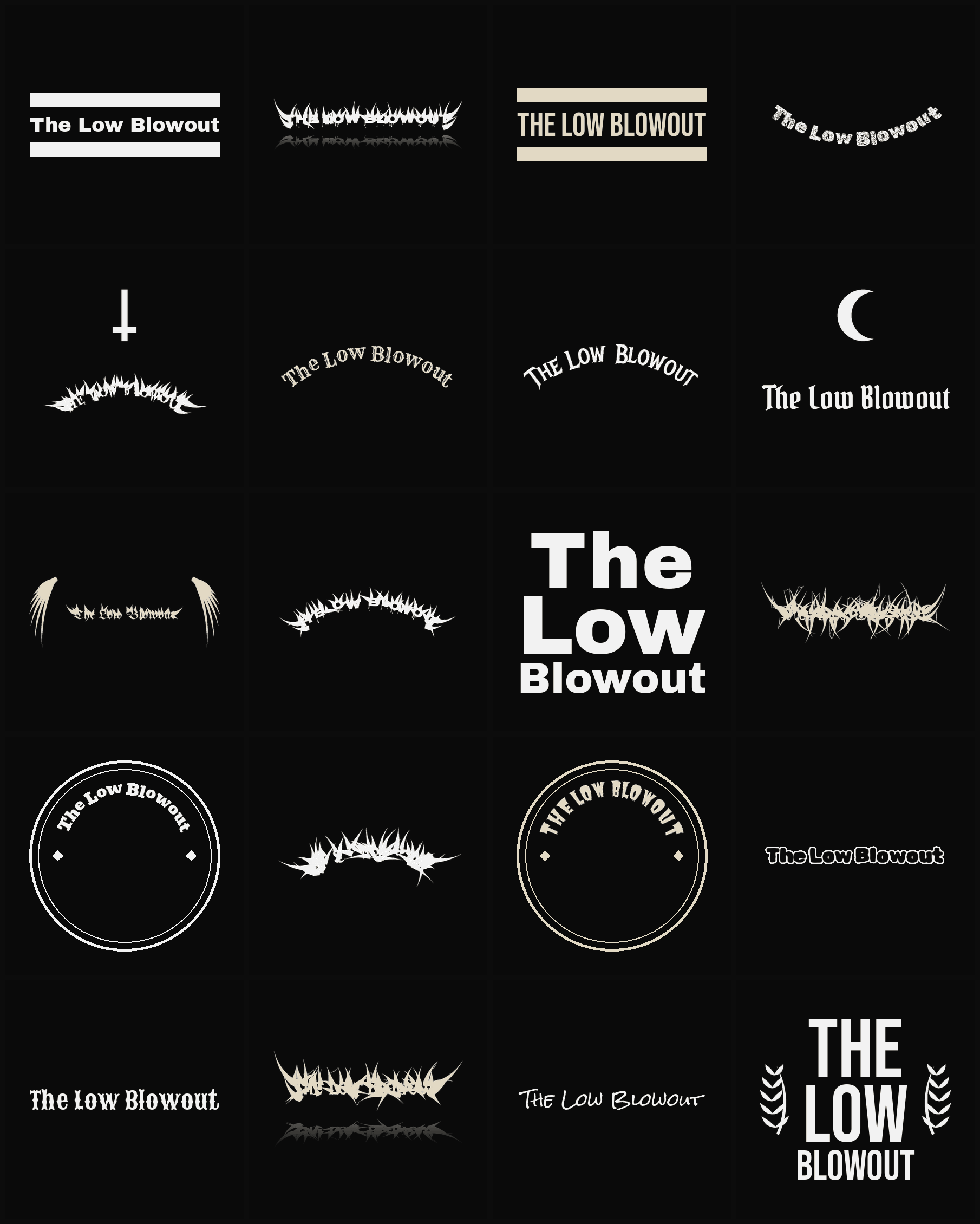 Twenty The Low Blowout band logo ideas — different faces, treatments and spike settings