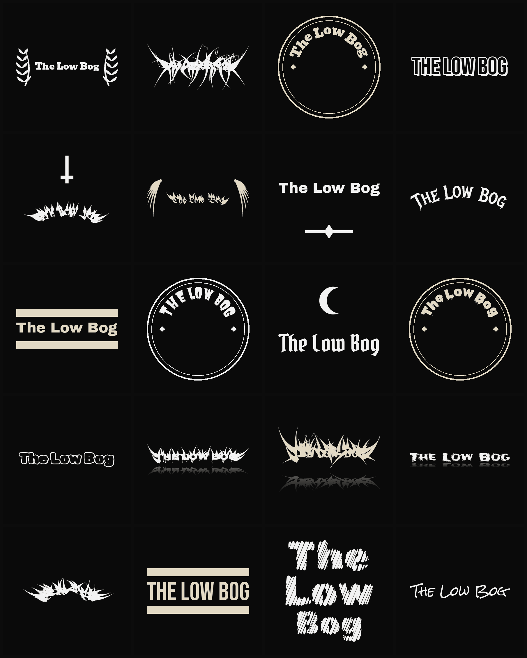 Twenty The Low Bog band logo ideas — different faces, treatments and spike settings