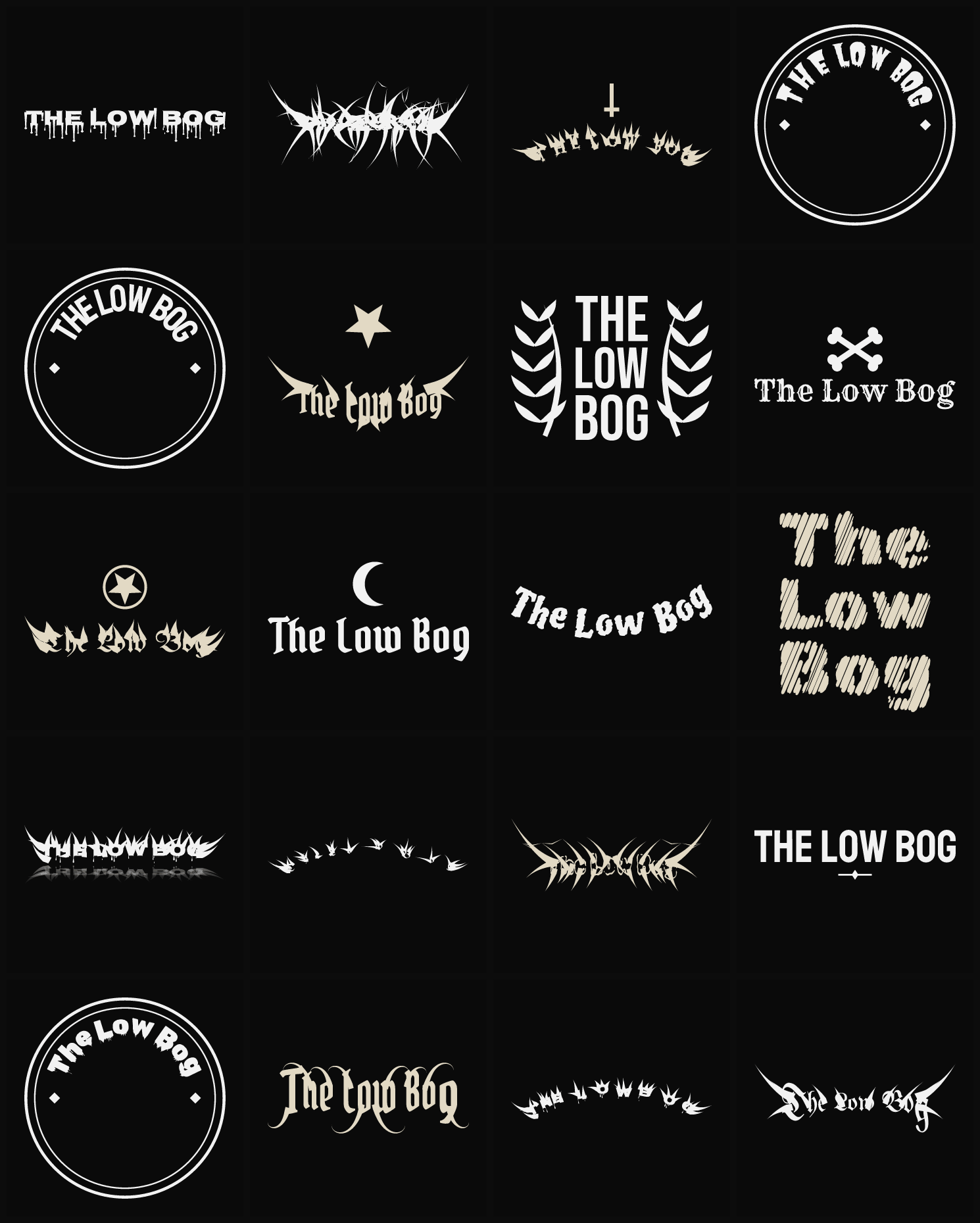 Twenty The Low Bog band logo ideas — different faces, treatments and spike settings