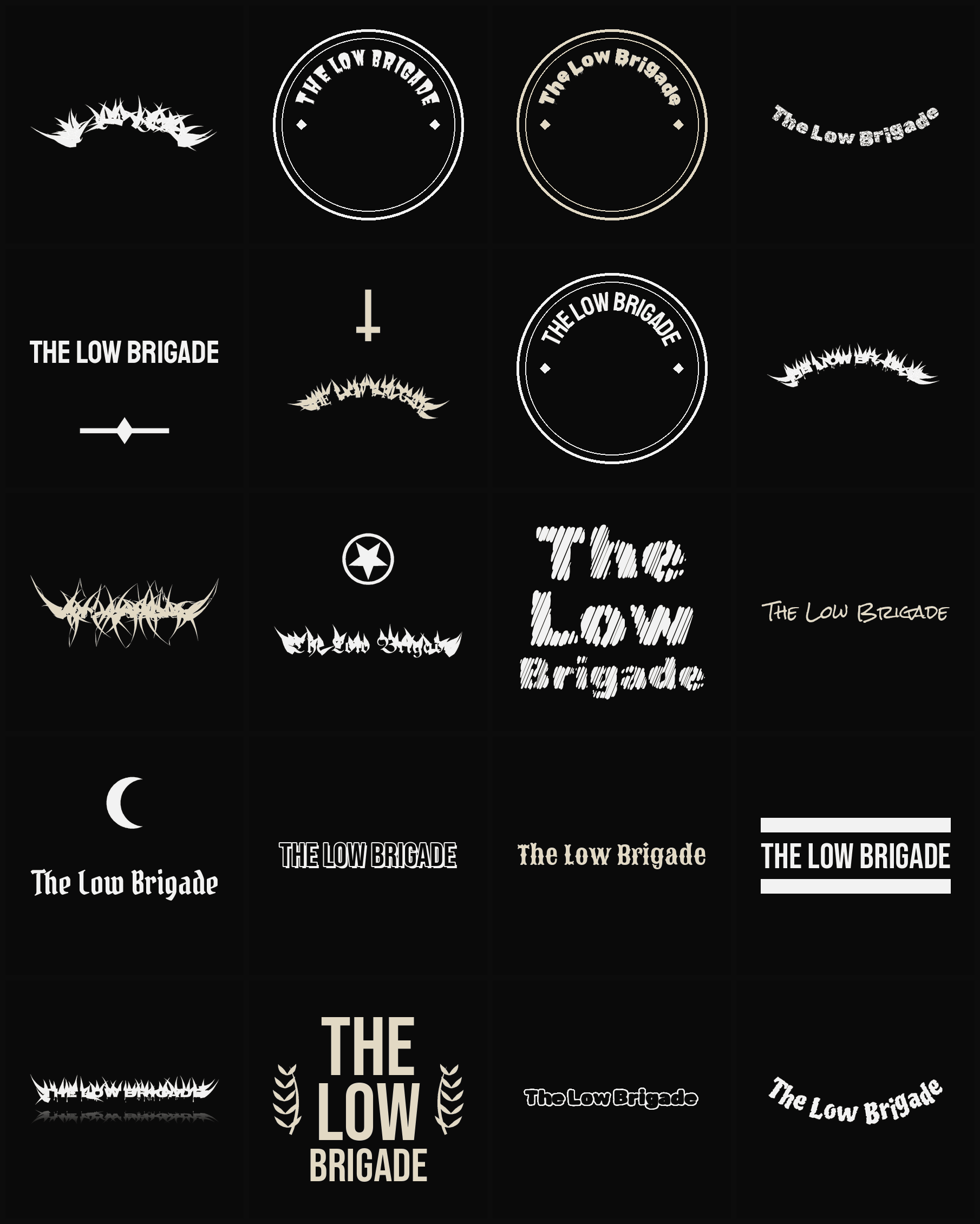 Twenty The Low Brigade band logo ideas — different faces, treatments and spike settings