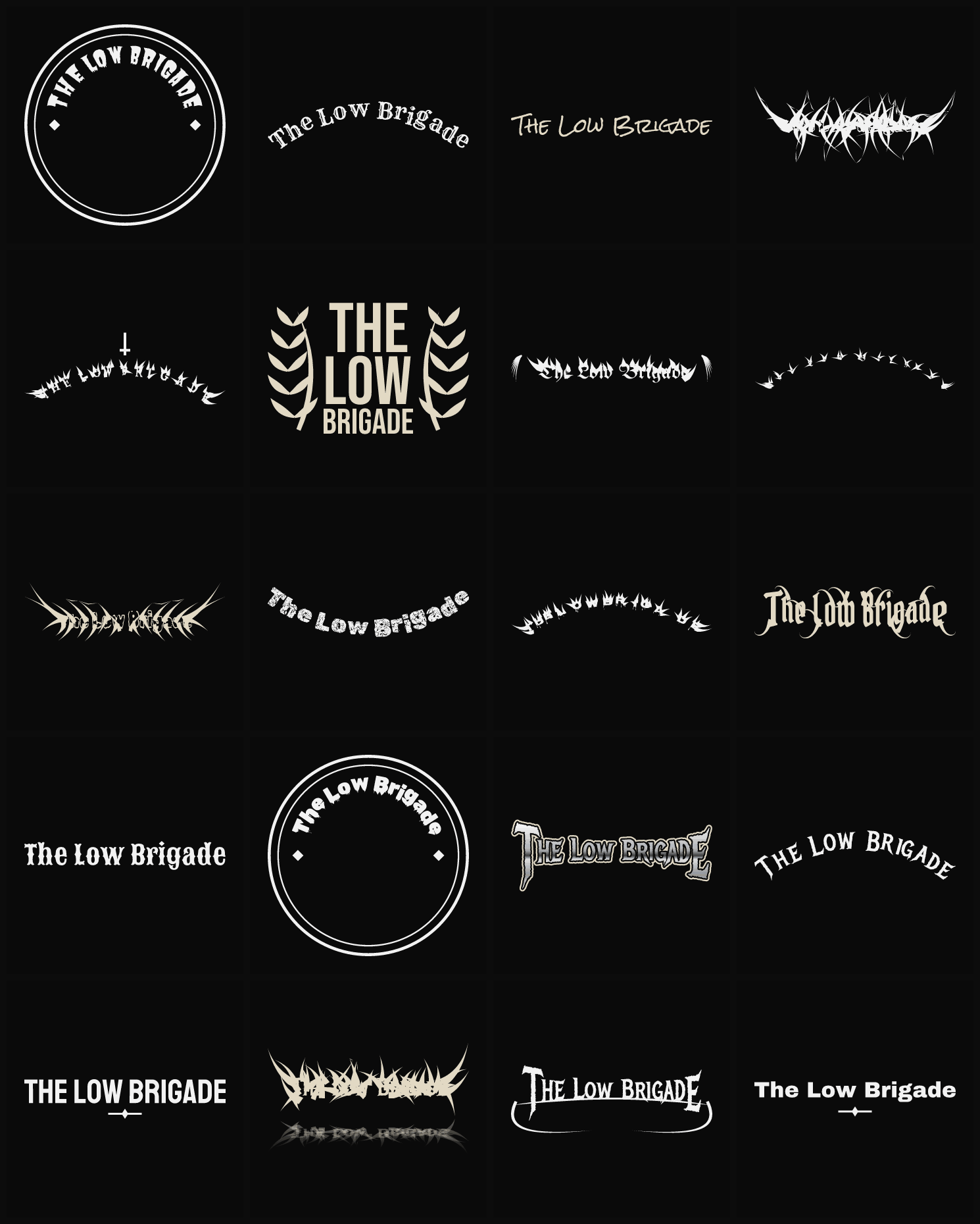 Twenty The Low Brigade band logo ideas — different faces, treatments and spike settings