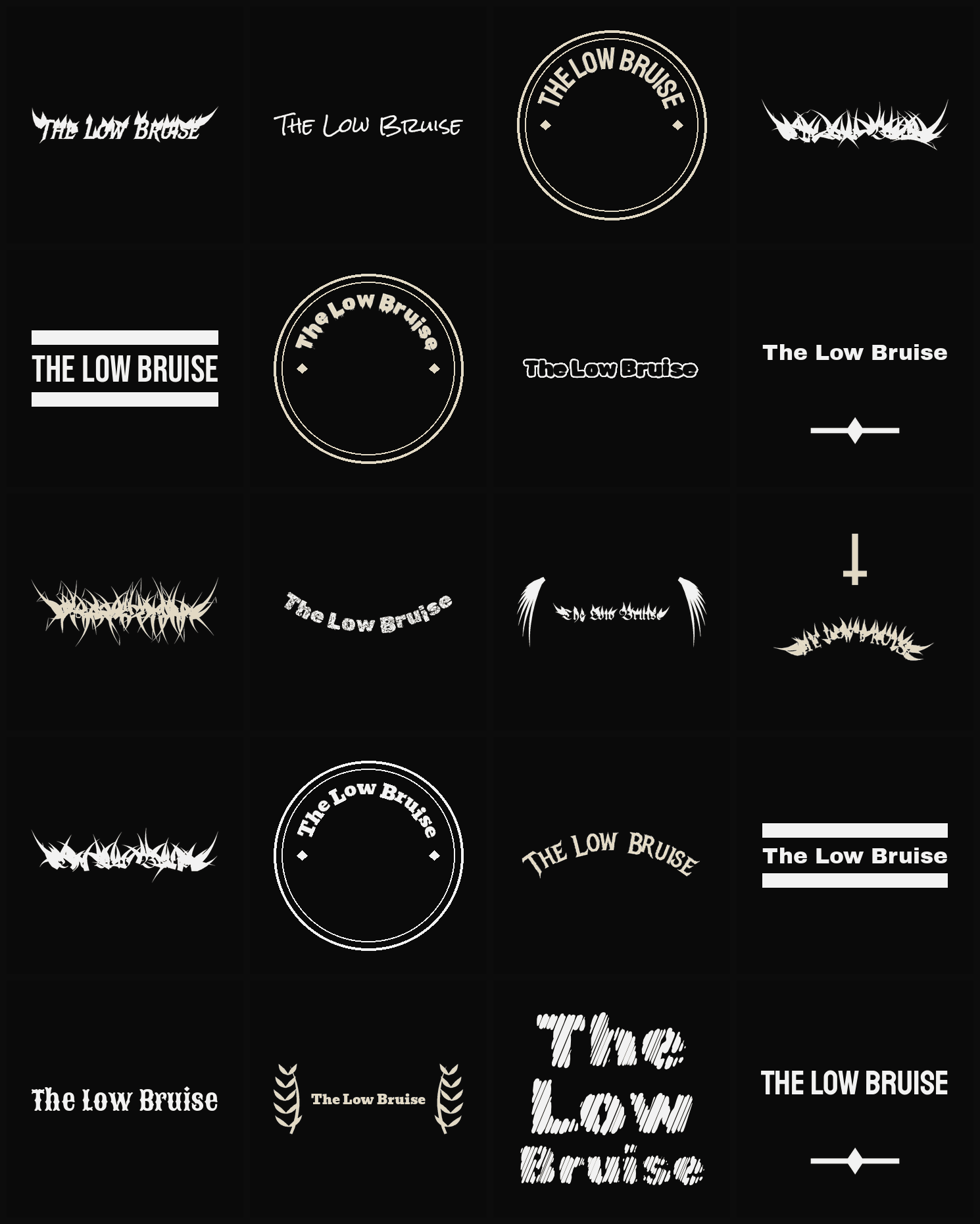 Twenty The Low Bruise band logo ideas — different faces, treatments and spike settings