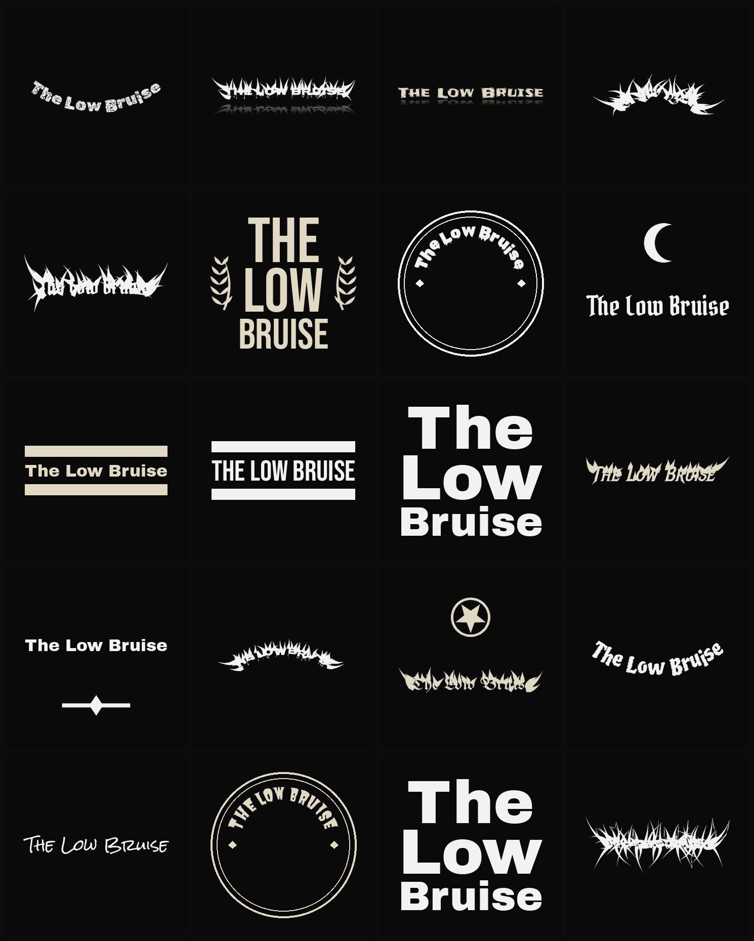Twenty The Low Bruise band logo ideas — different faces, treatments and spike settings