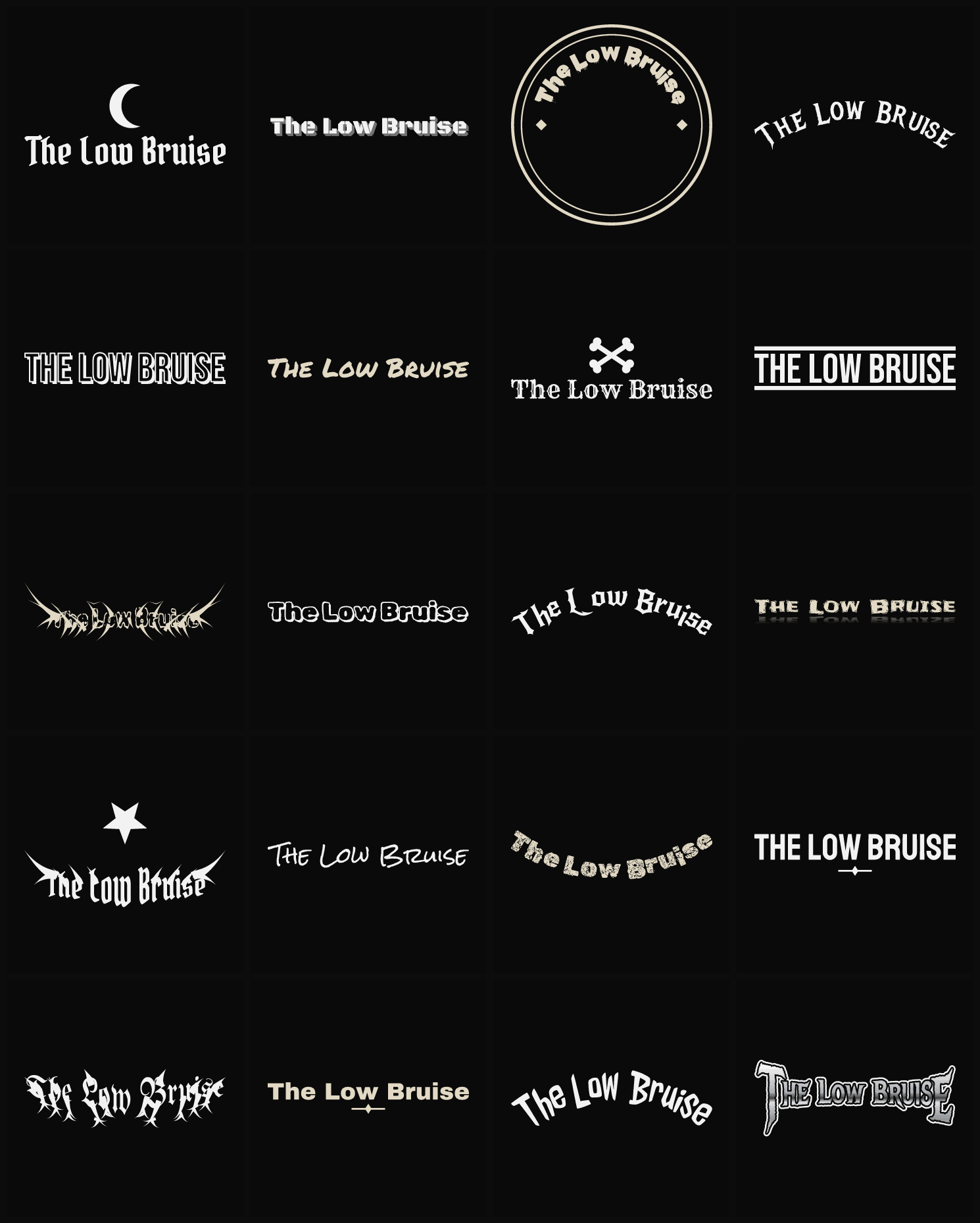 Twenty The Low Bruise band logo ideas — different faces, treatments and spike settings