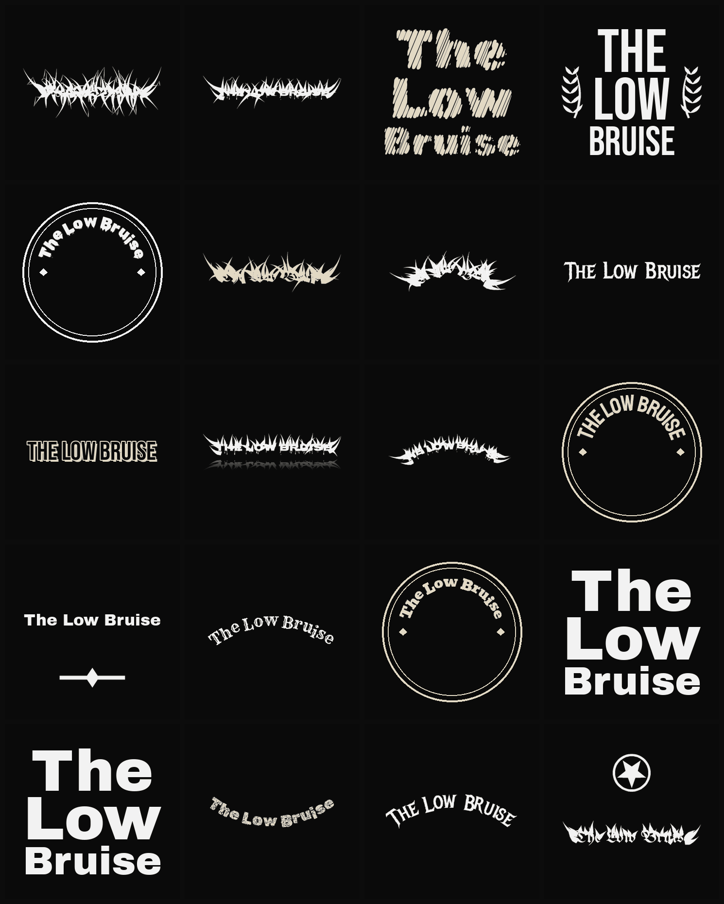 Twenty The Low Bruise band logo ideas — different faces, treatments and spike settings