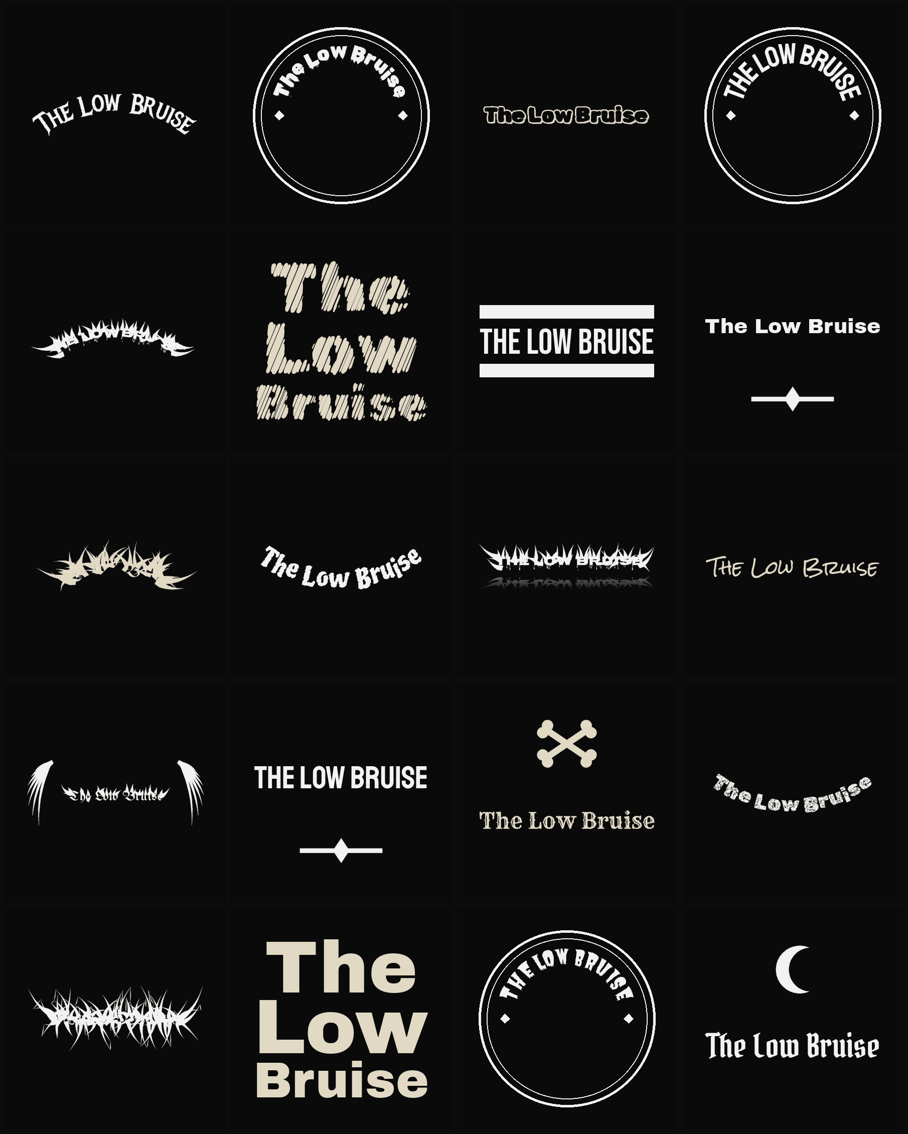 Twenty The Low Bruise band logo ideas — different faces, treatments and spike settings