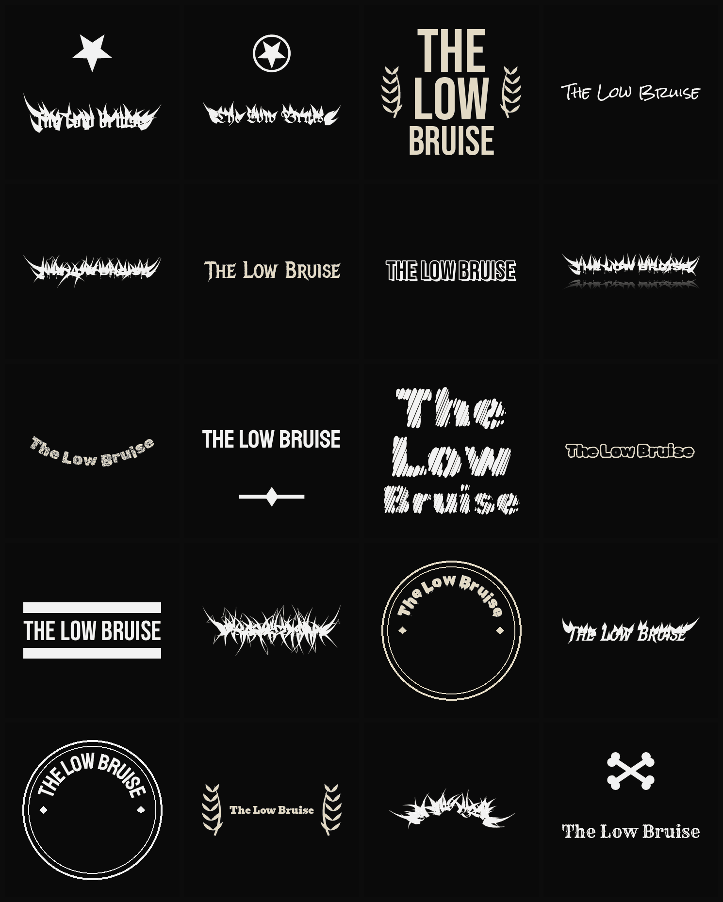 Twenty The Low Bruise band logo ideas — different faces, treatments and spike settings