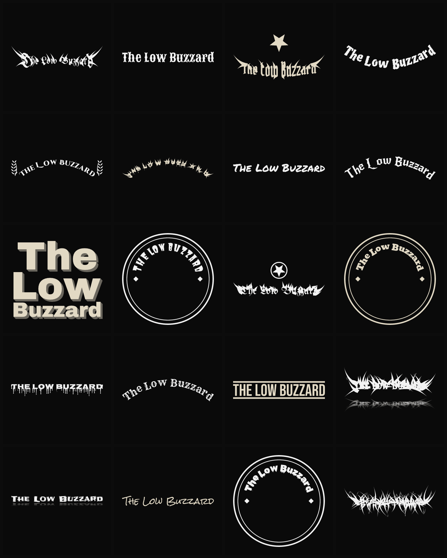 Twenty The Low Buzzard band logo ideas — different faces, treatments and spike settings