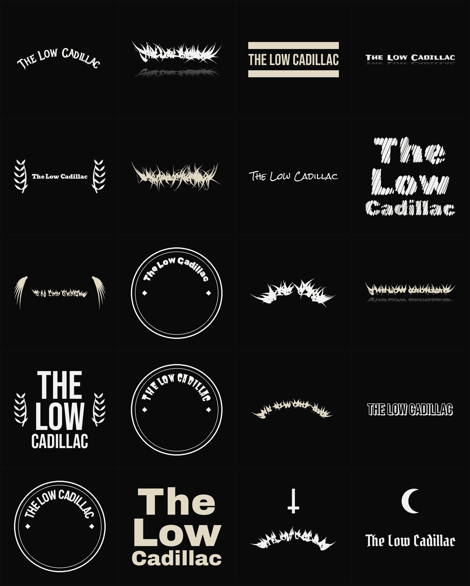 Twenty The Low Cadillac band logo ideas — different faces, treatments and spike settings