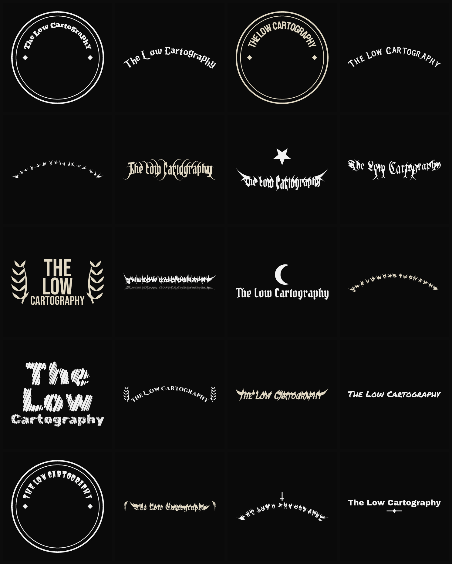 Twenty The Low Cartography band logo ideas — different faces, treatments and spike settings