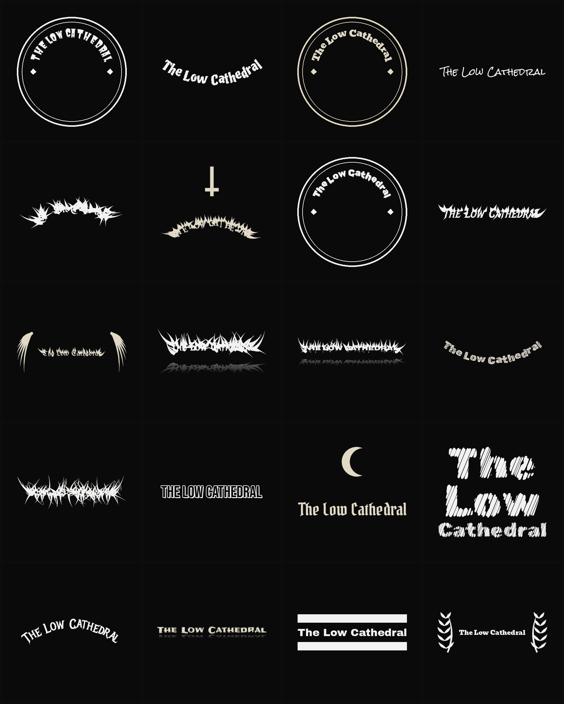 Twenty The Low Cathedral band logo ideas — different faces, treatments and spike settings
