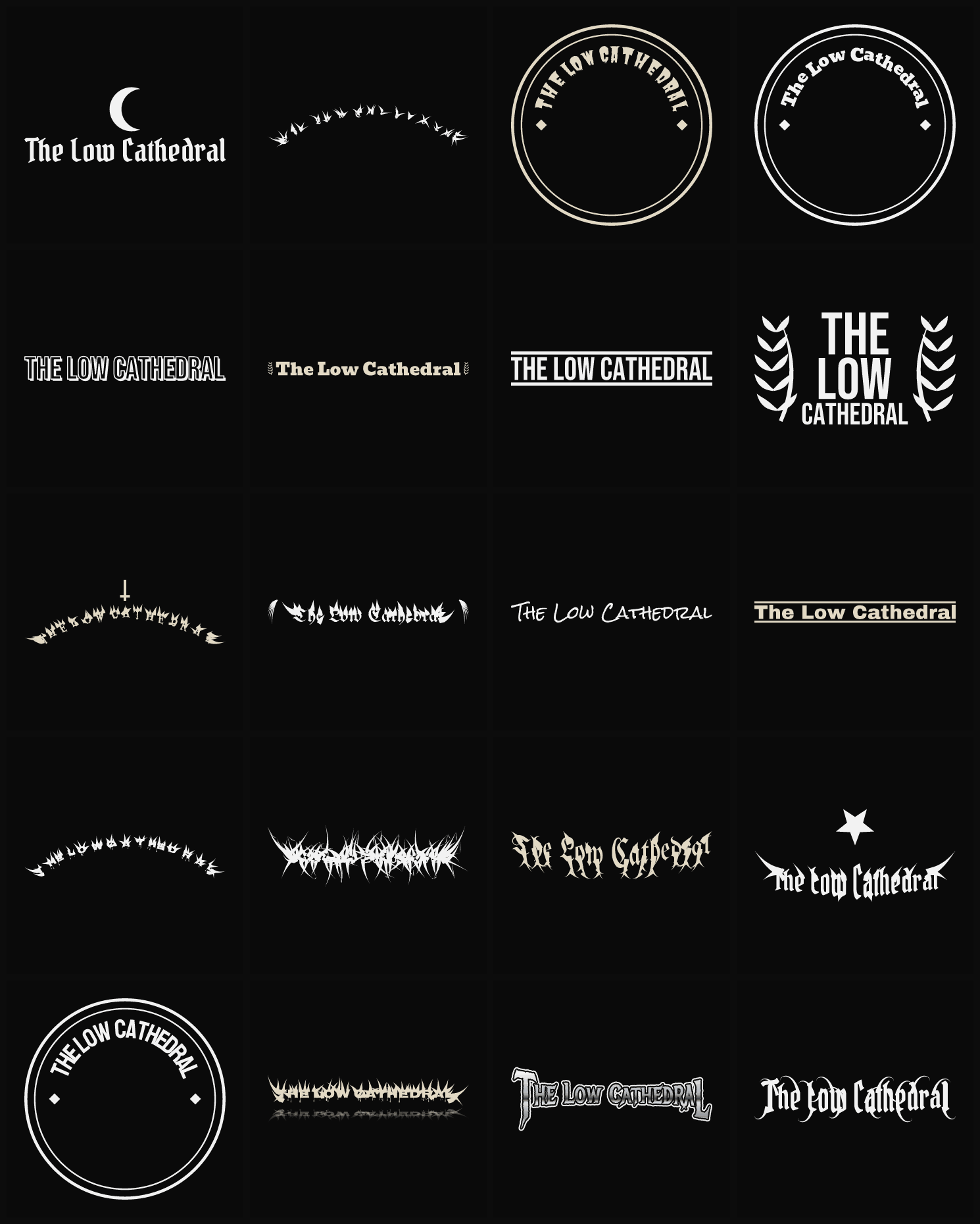 Twenty The Low Cathedral band logo ideas — different faces, treatments and spike settings
