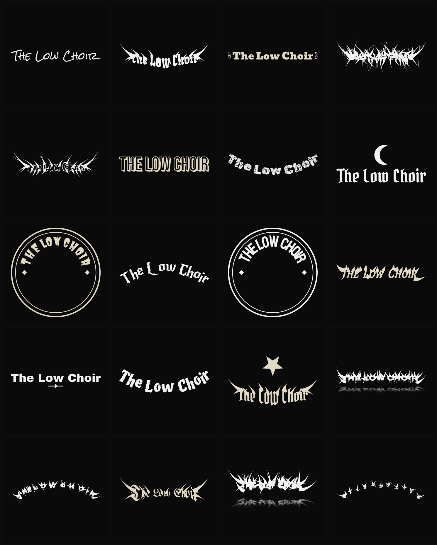 Twenty The Low Choir band logo ideas — different faces, treatments and spike settings
