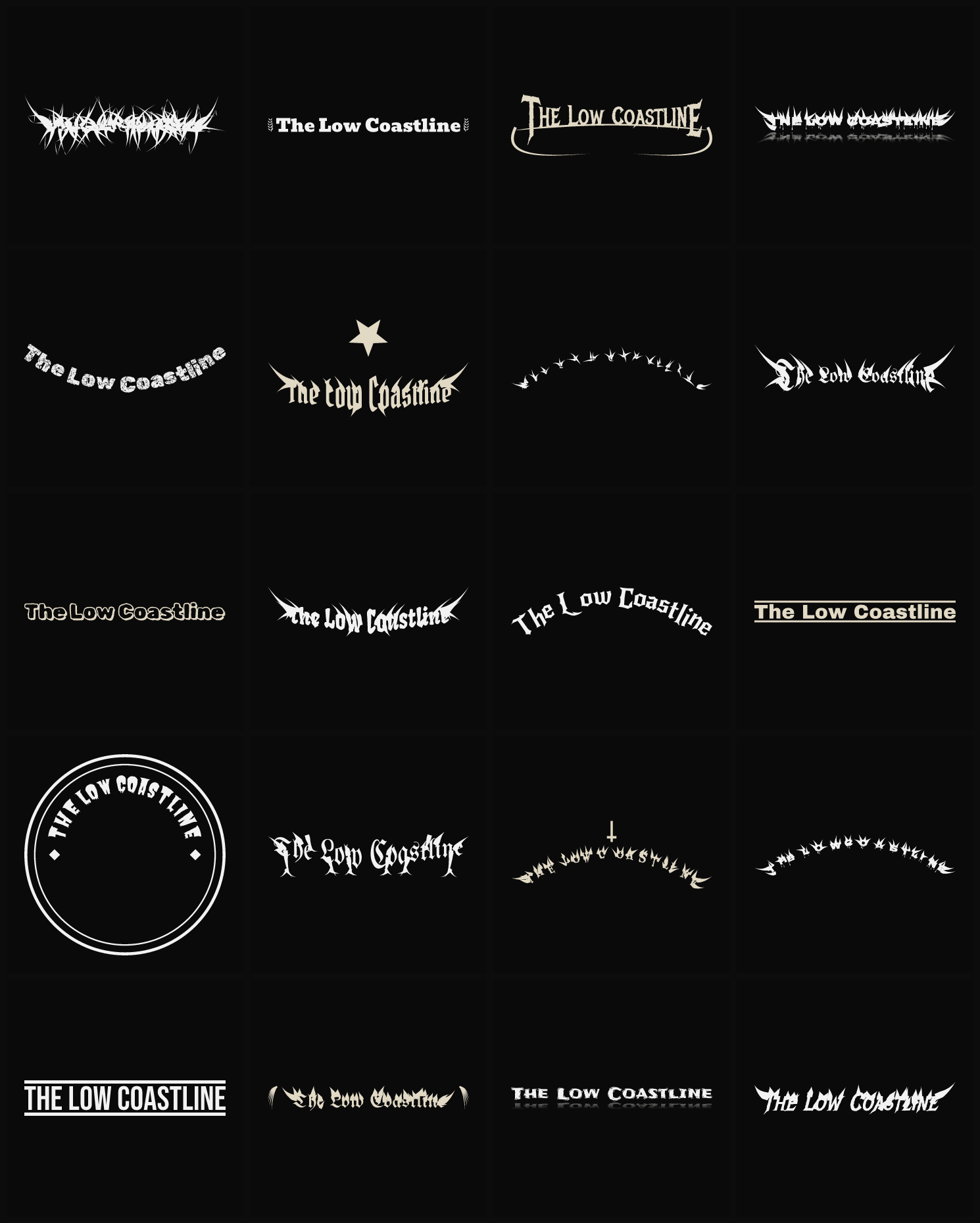 Twenty The Low Coastline band logo ideas — different faces, treatments and spike settings