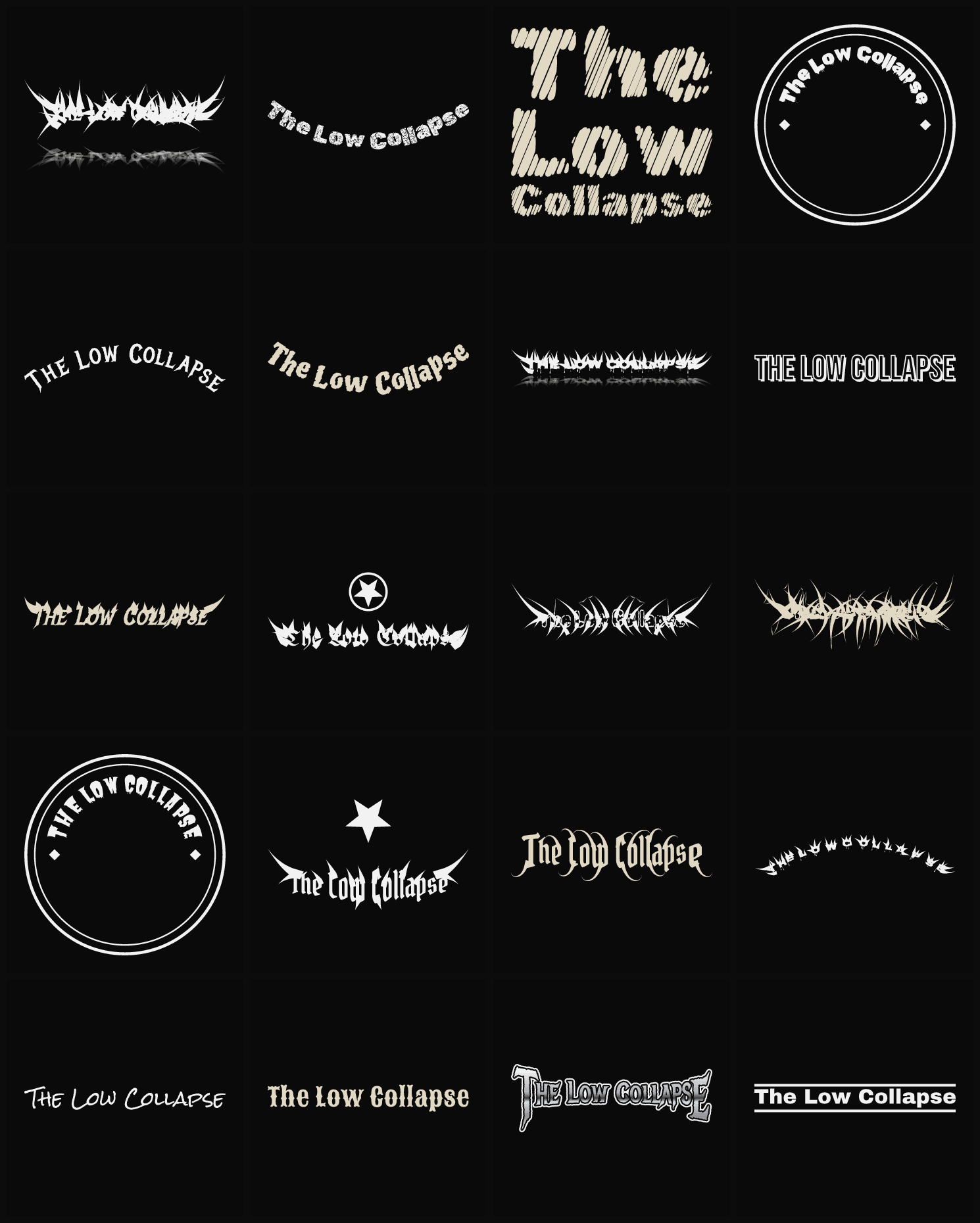 Twenty The Low Collapse band logo ideas — different faces, treatments and spike settings