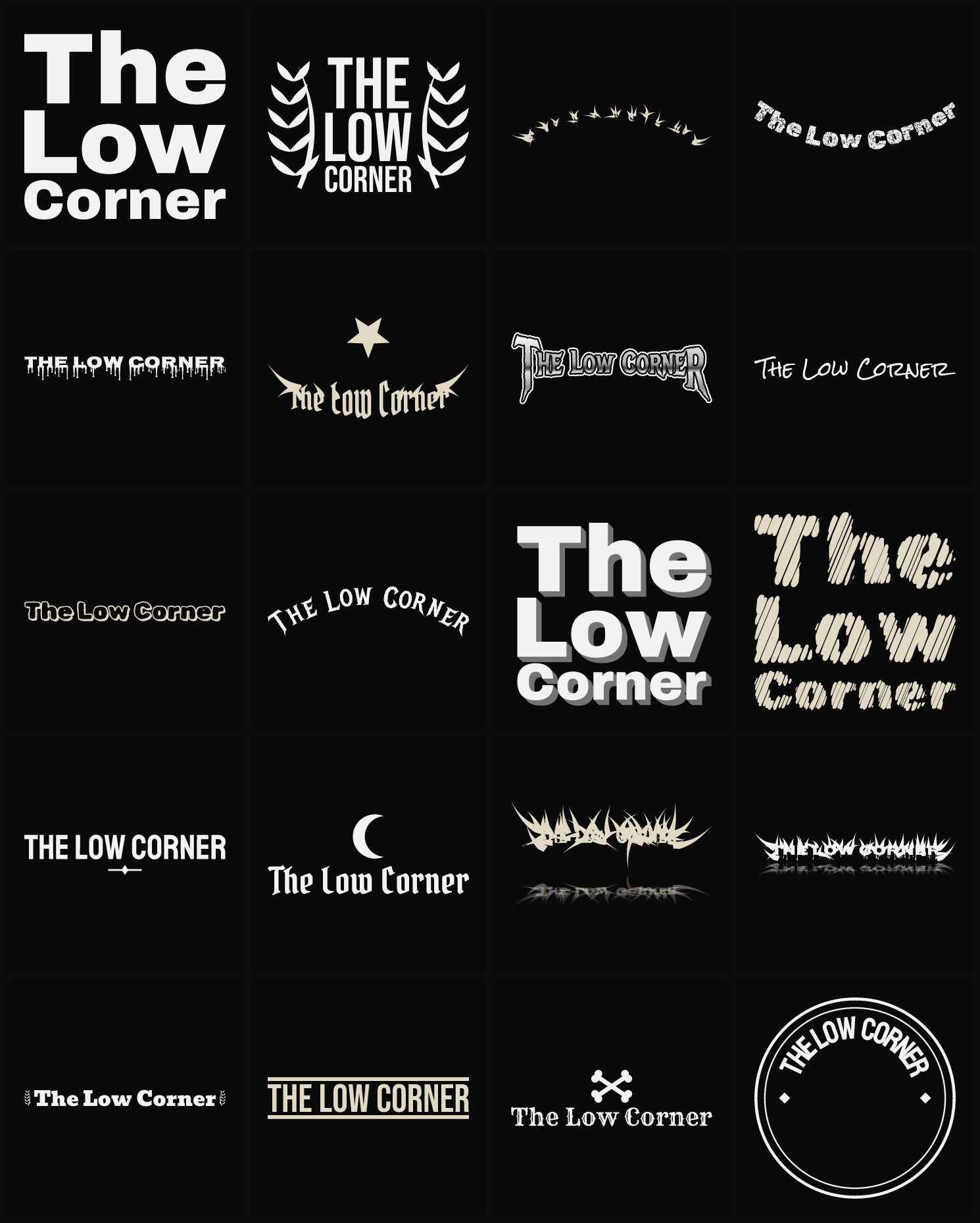 Twenty The Low Corner band logo ideas — different faces, treatments and spike settings