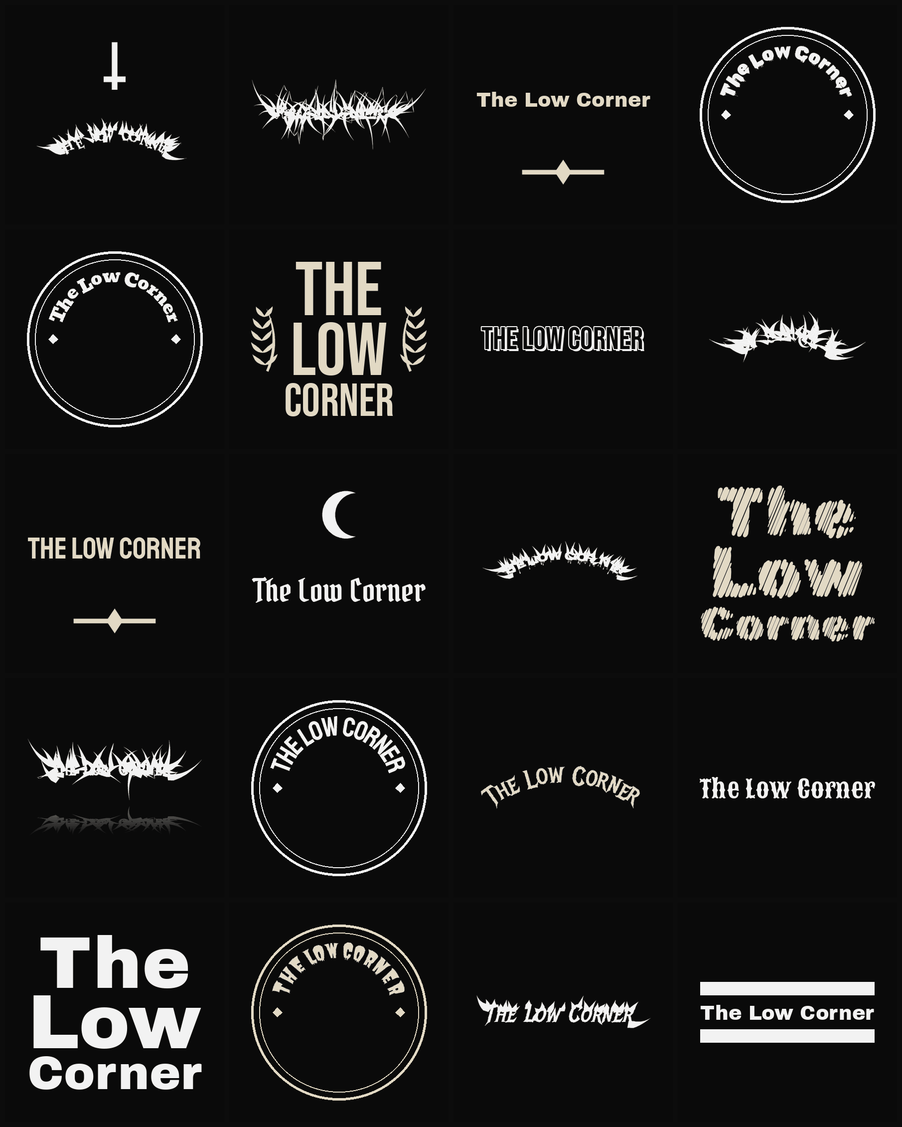 Twenty The Low Corner band logo ideas — different faces, treatments and spike settings