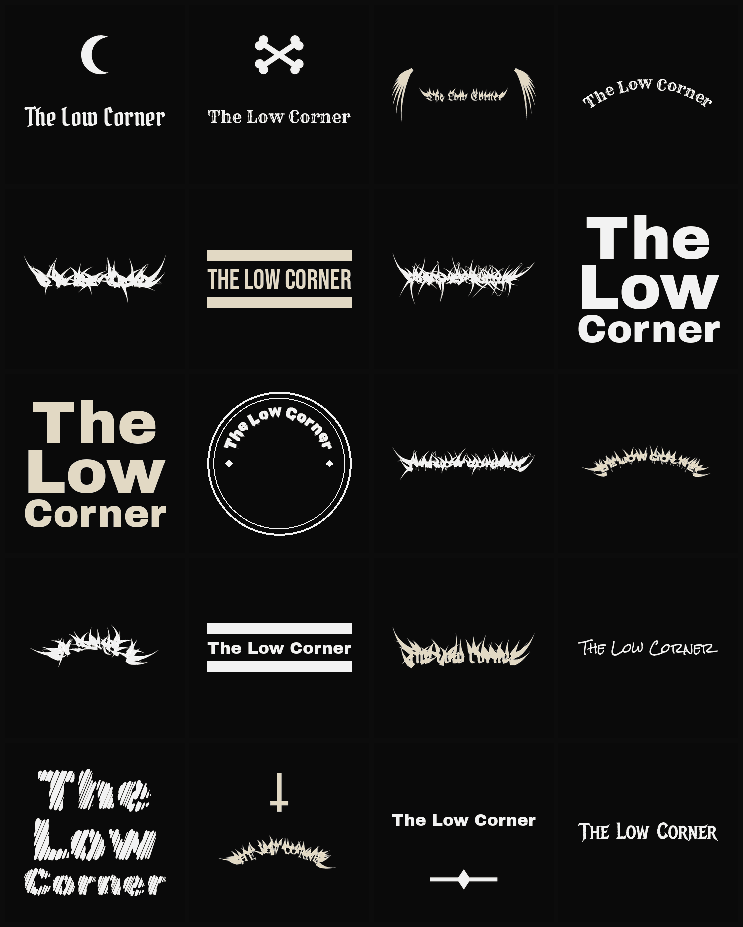 Twenty The Low Corner band logo ideas — different faces, treatments and spike settings