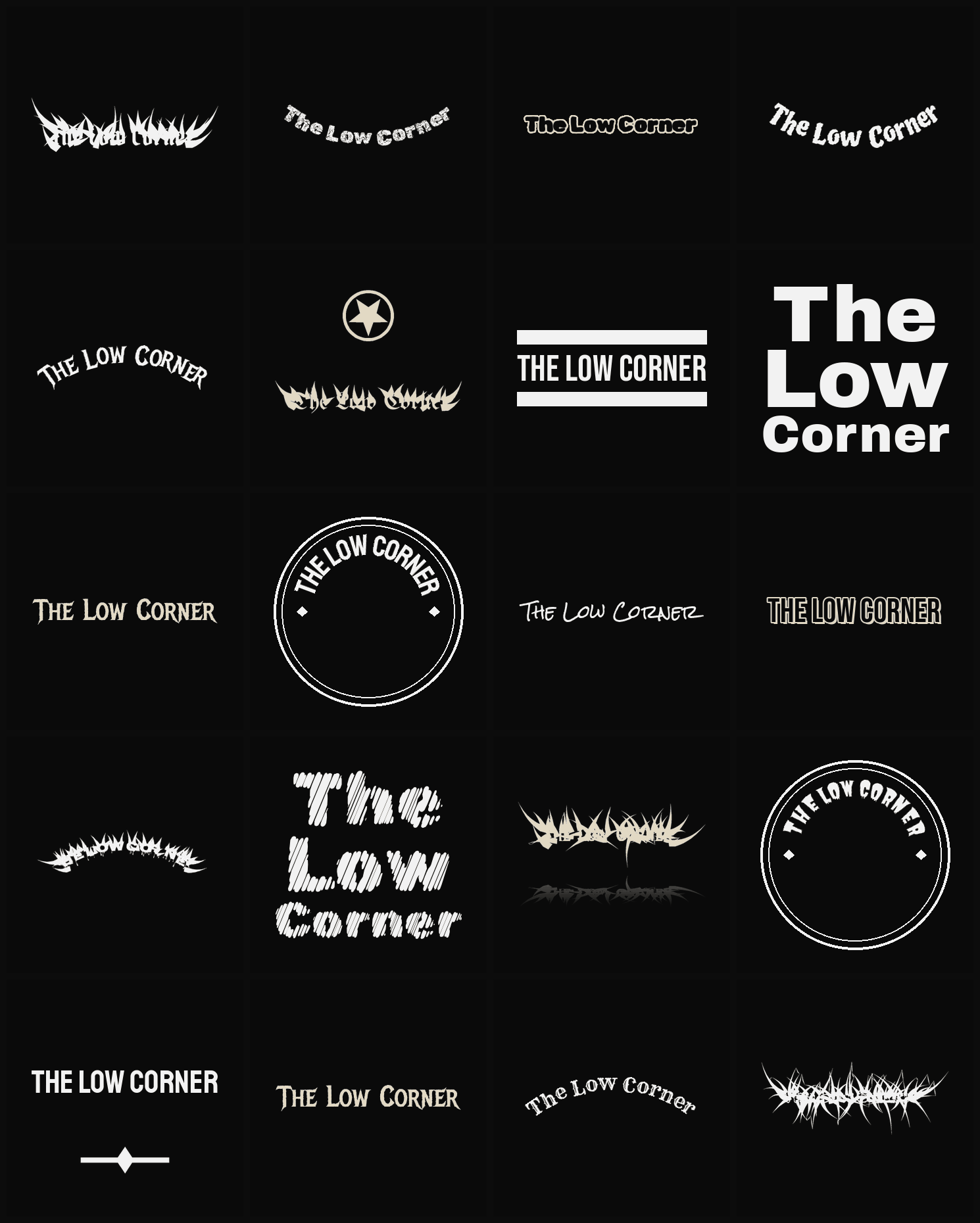 Twenty The Low Corner band logo ideas — different faces, treatments and spike settings