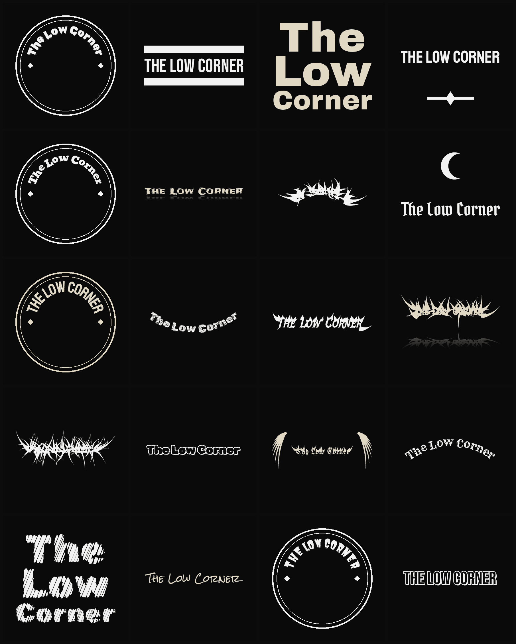 Twenty The Low Corner band logo ideas — different faces, treatments and spike settings