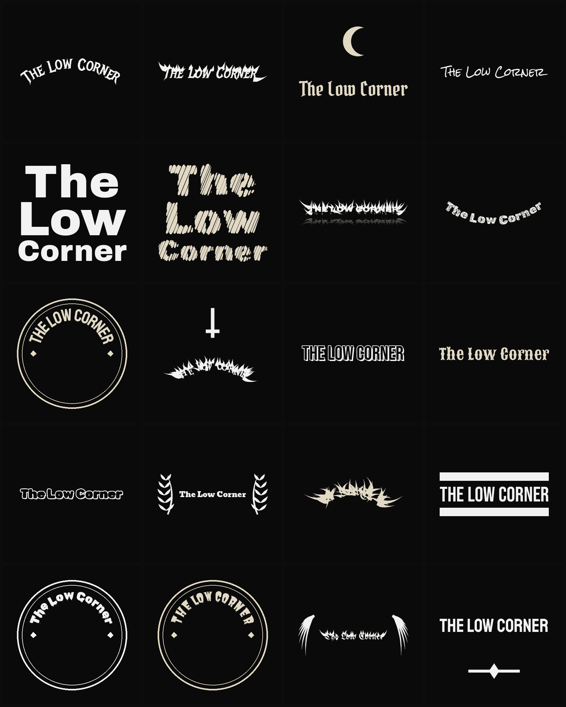 Twenty The Low Corner band logo ideas — different faces, treatments and spike settings