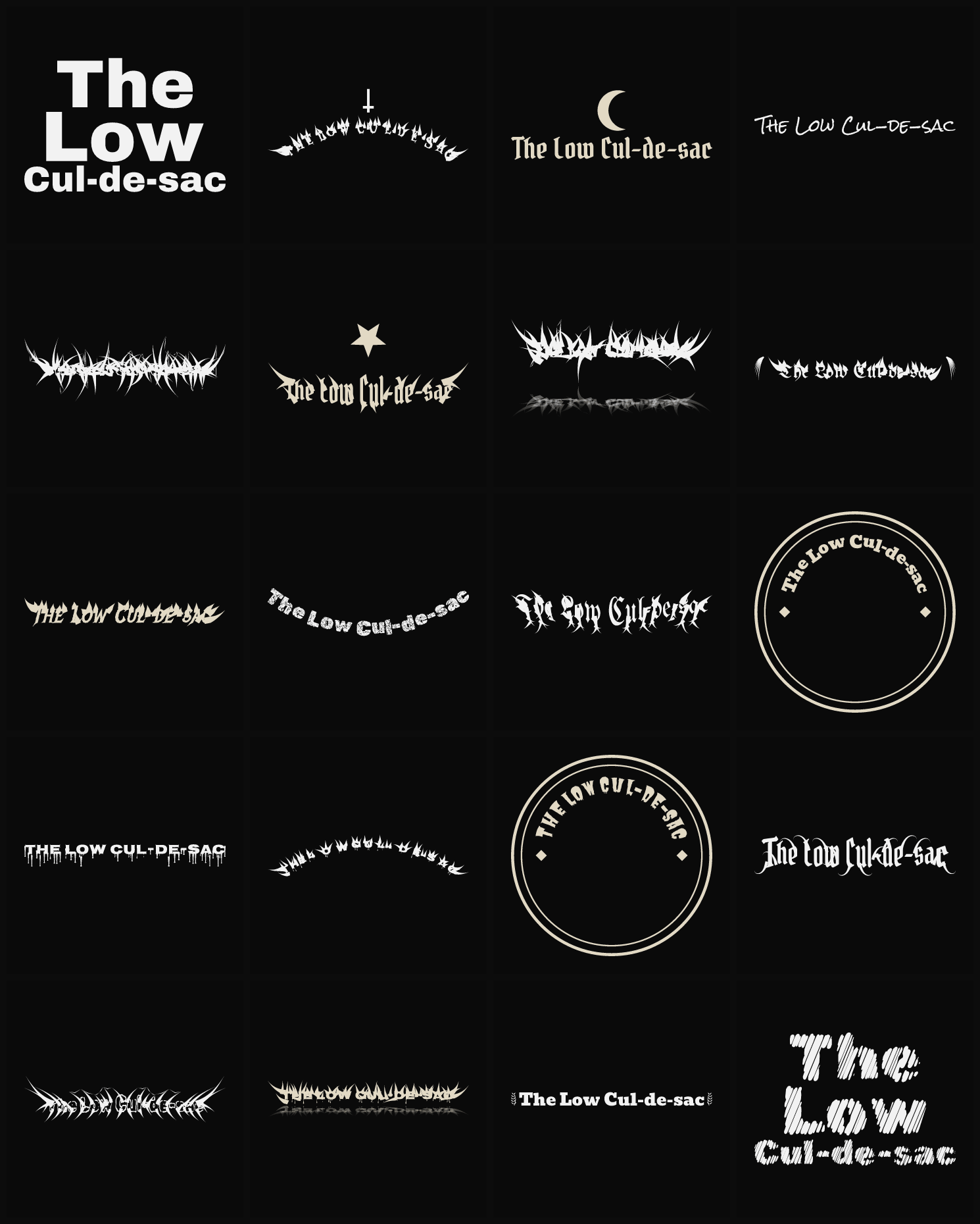 Twenty The Low Cul-de-sac band logo ideas — different faces, treatments and spike settings