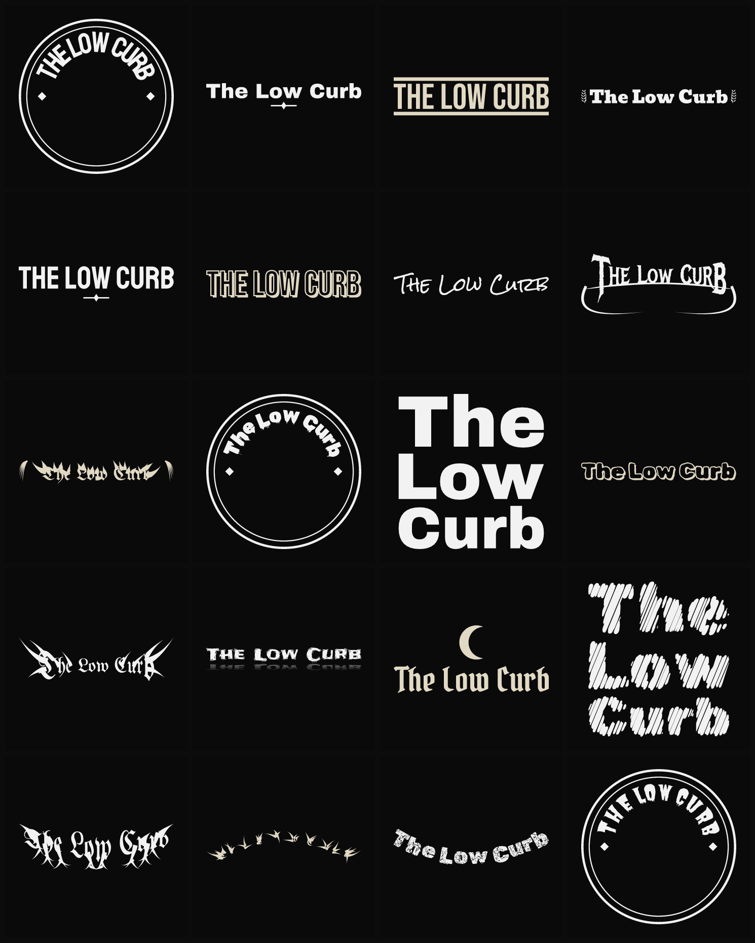 Twenty The Low Curb band logo ideas — different faces, treatments and spike settings