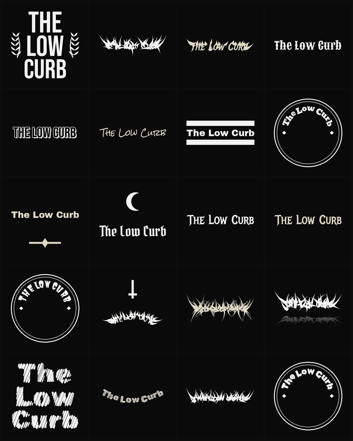 Twenty The Low Curb band logo ideas — different faces, treatments and spike settings