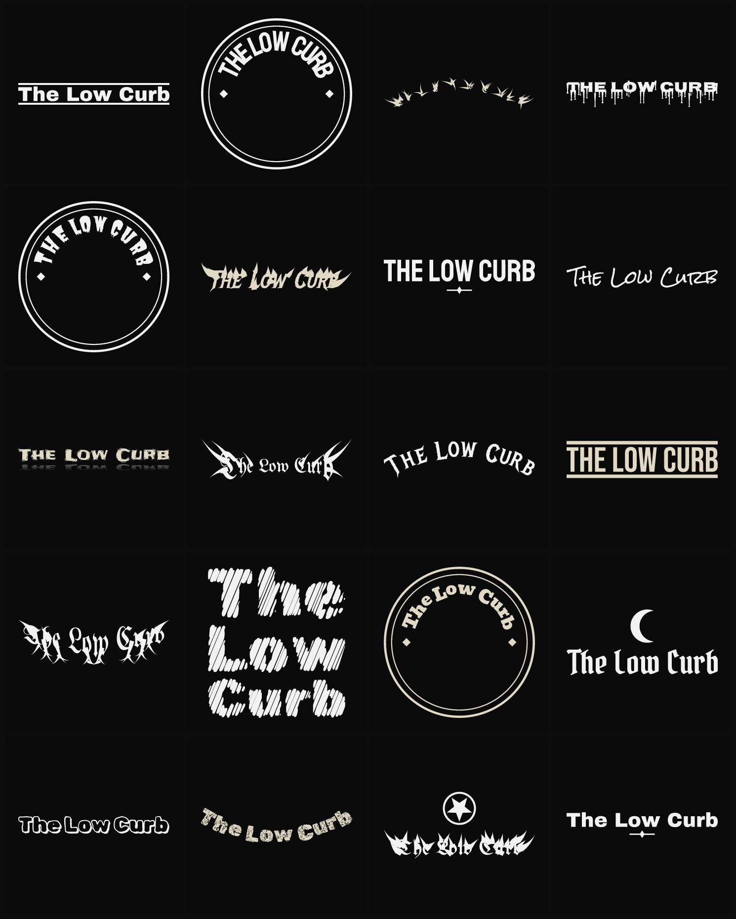 Twenty The Low Curb band logo ideas — different faces, treatments and spike settings