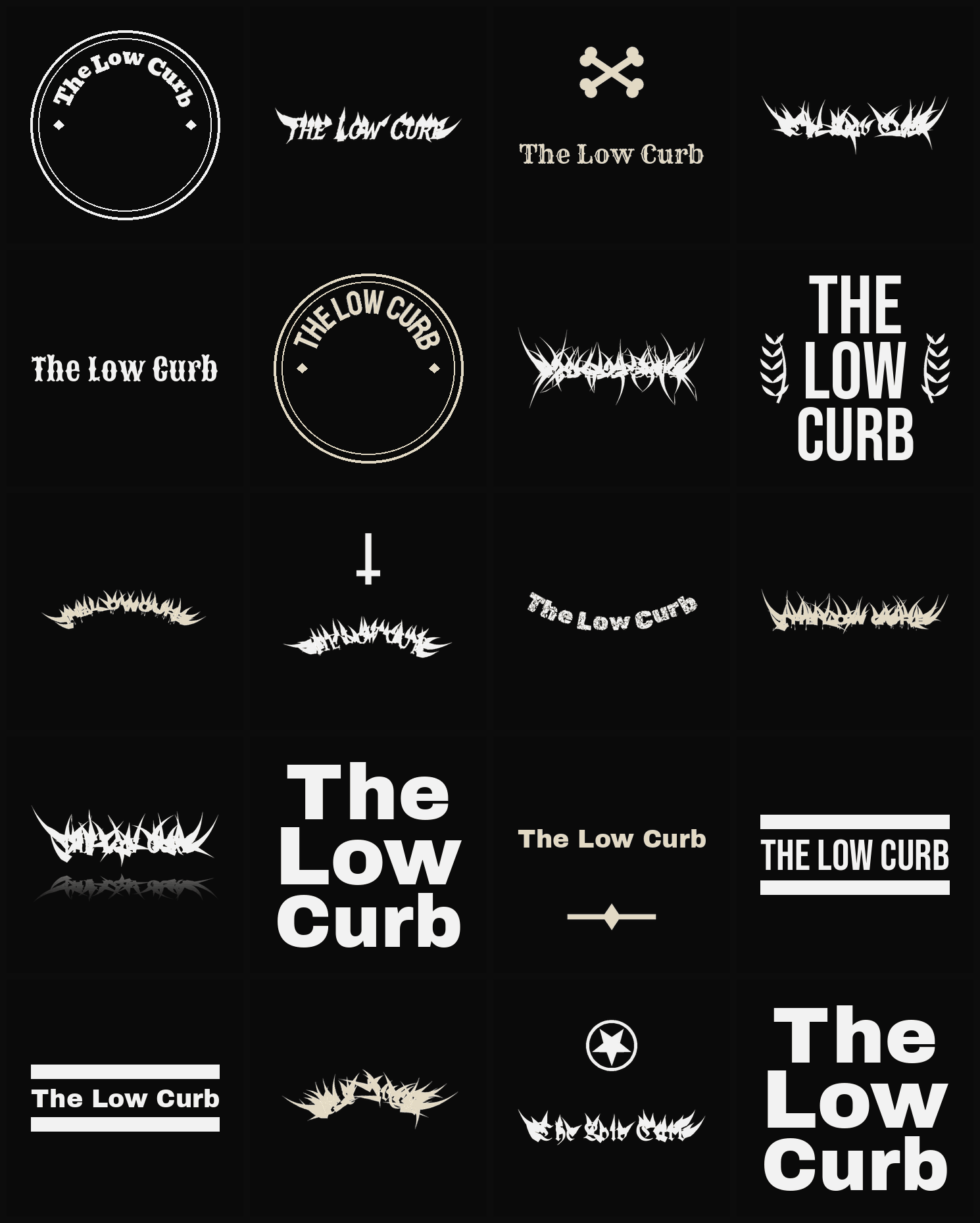 Twenty The Low Curb band logo ideas — different faces, treatments and spike settings