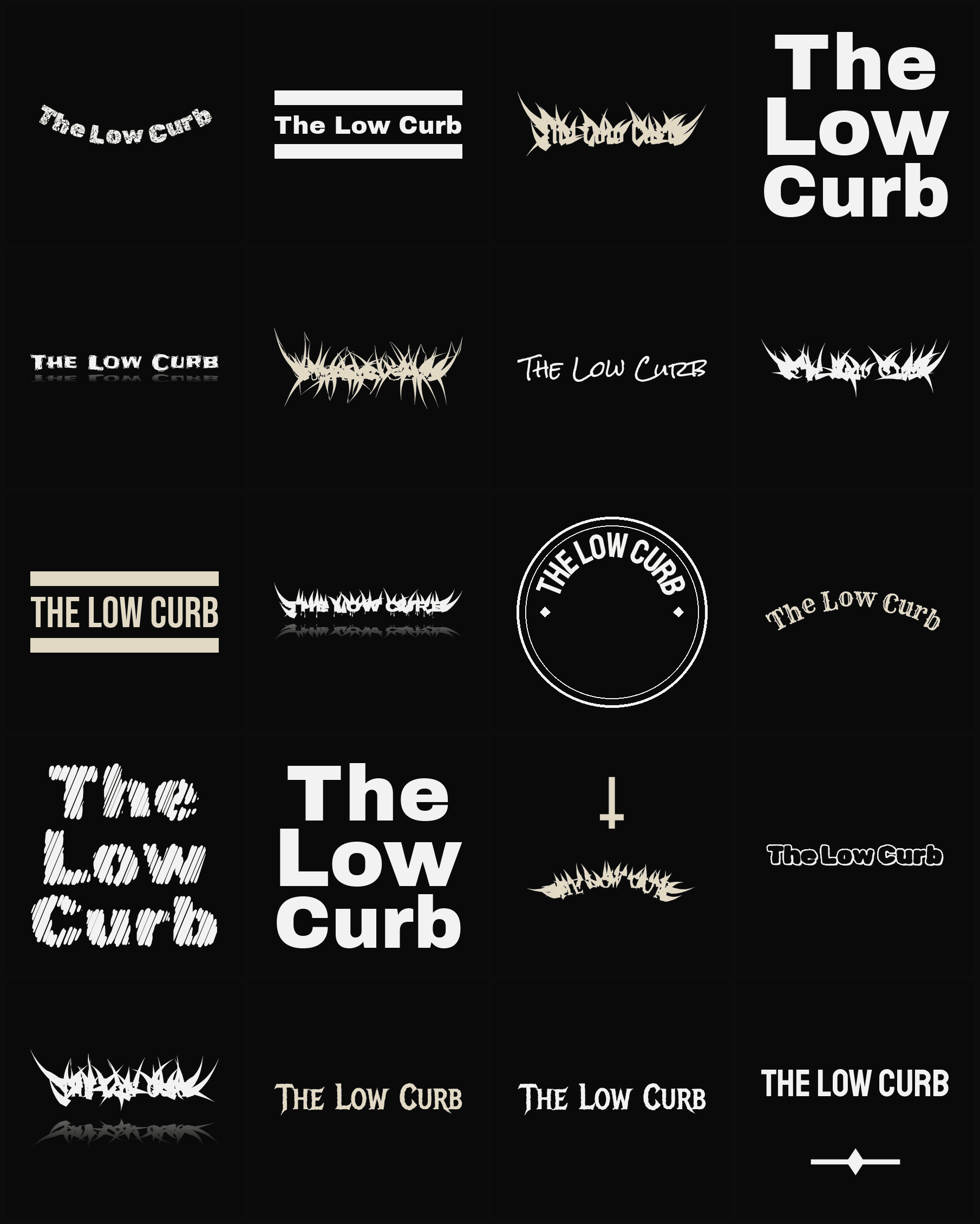 Twenty The Low Curb band logo ideas — different faces, treatments and spike settings