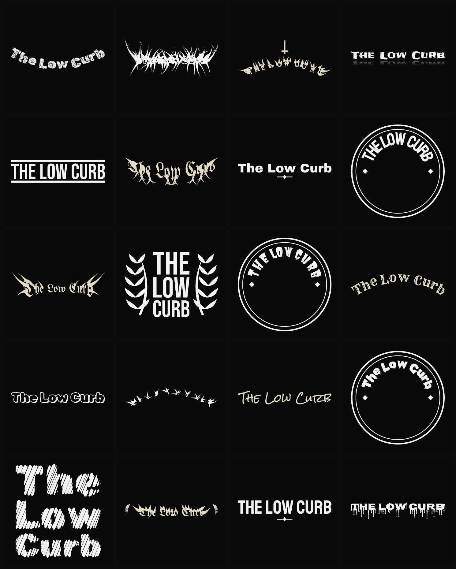 Twenty The Low Curb band logo ideas — different faces, treatments and spike settings