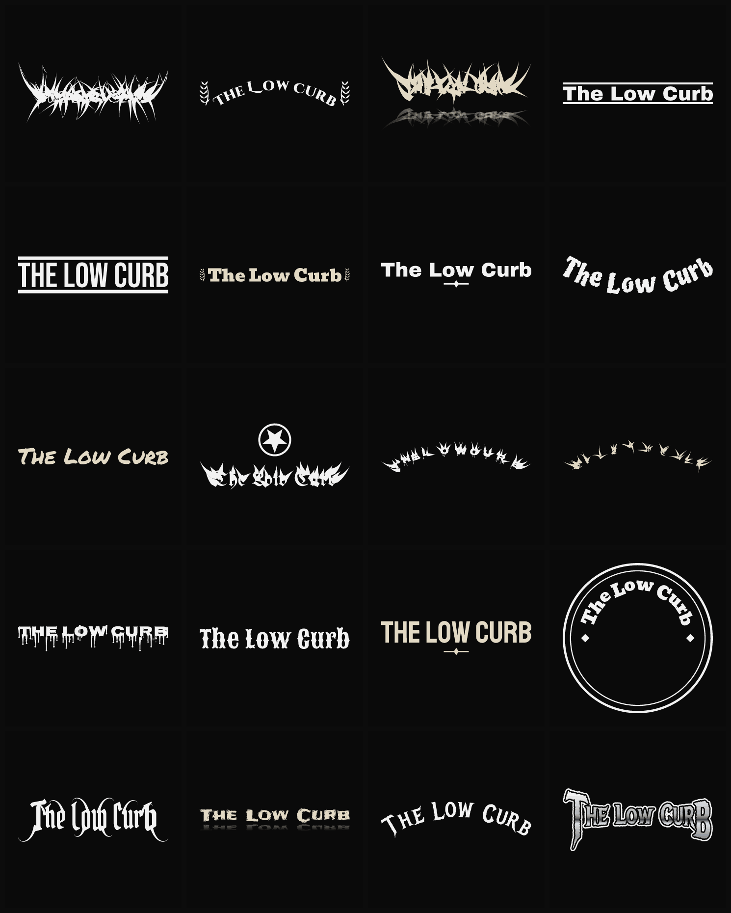 Twenty The Low Curb band logo ideas — different faces, treatments and spike settings