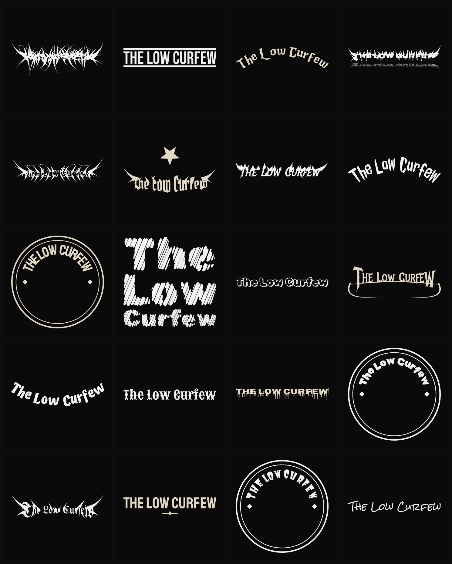 Twenty The Low Curfew band logo ideas — different faces, treatments and spike settings