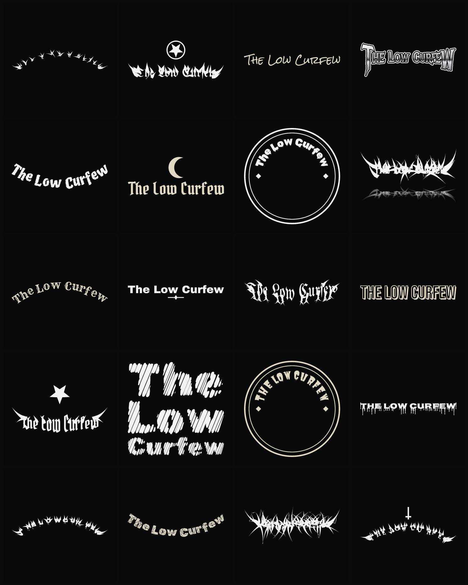 Twenty The Low Curfew band logo ideas — different faces, treatments and spike settings
