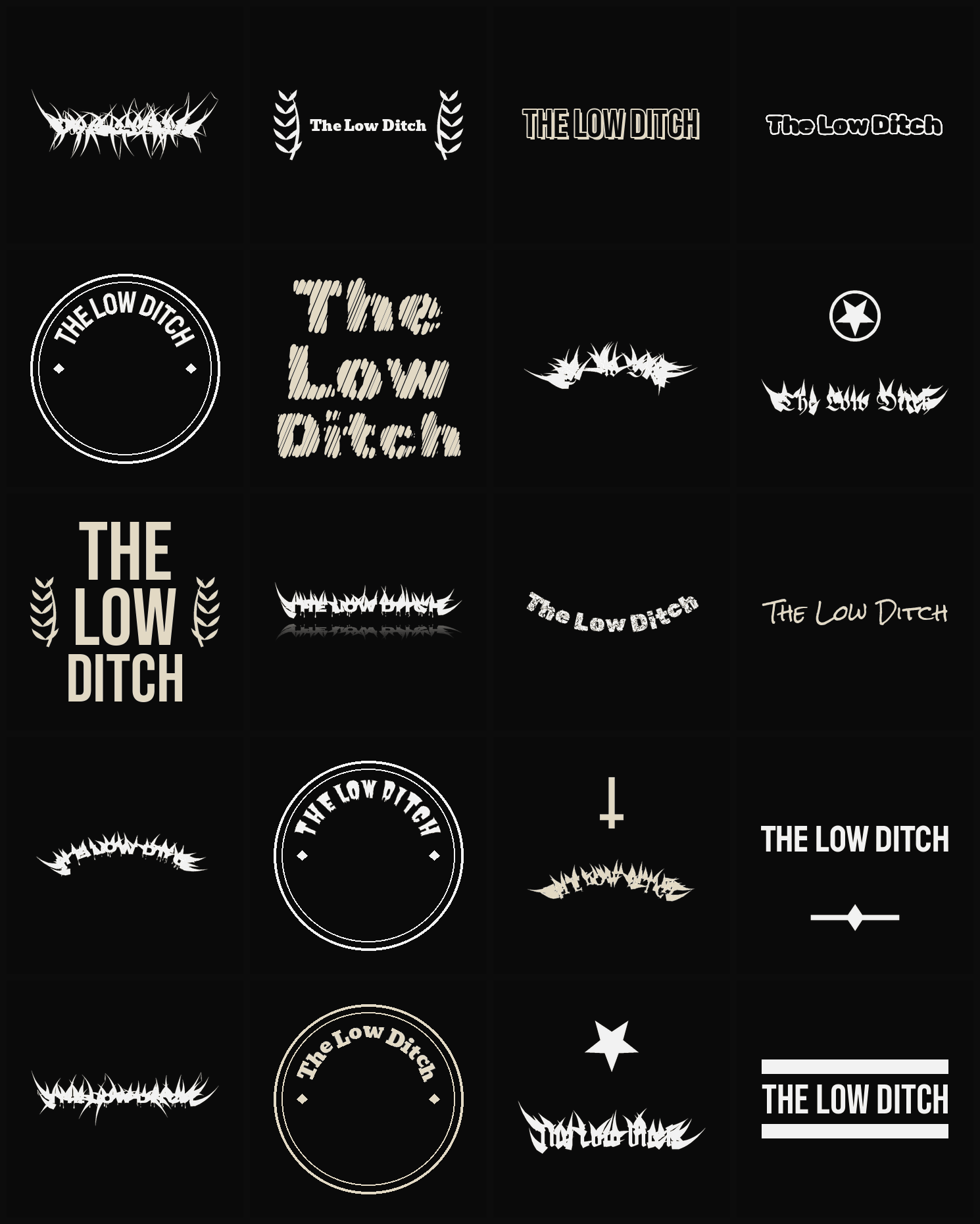 Twenty The Low Ditch band logo ideas — different faces, treatments and spike settings