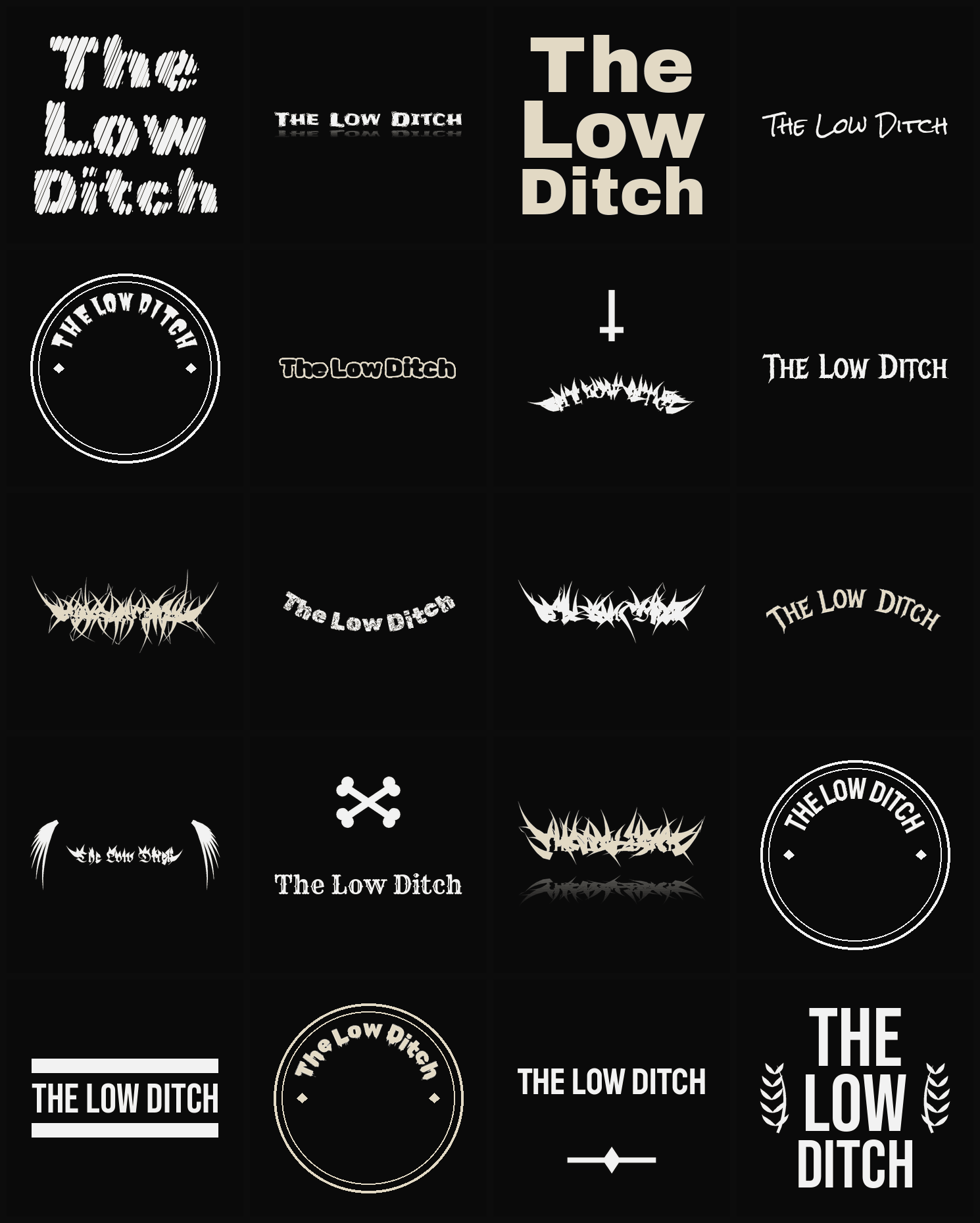 Twenty The Low Ditch band logo ideas — different faces, treatments and spike settings